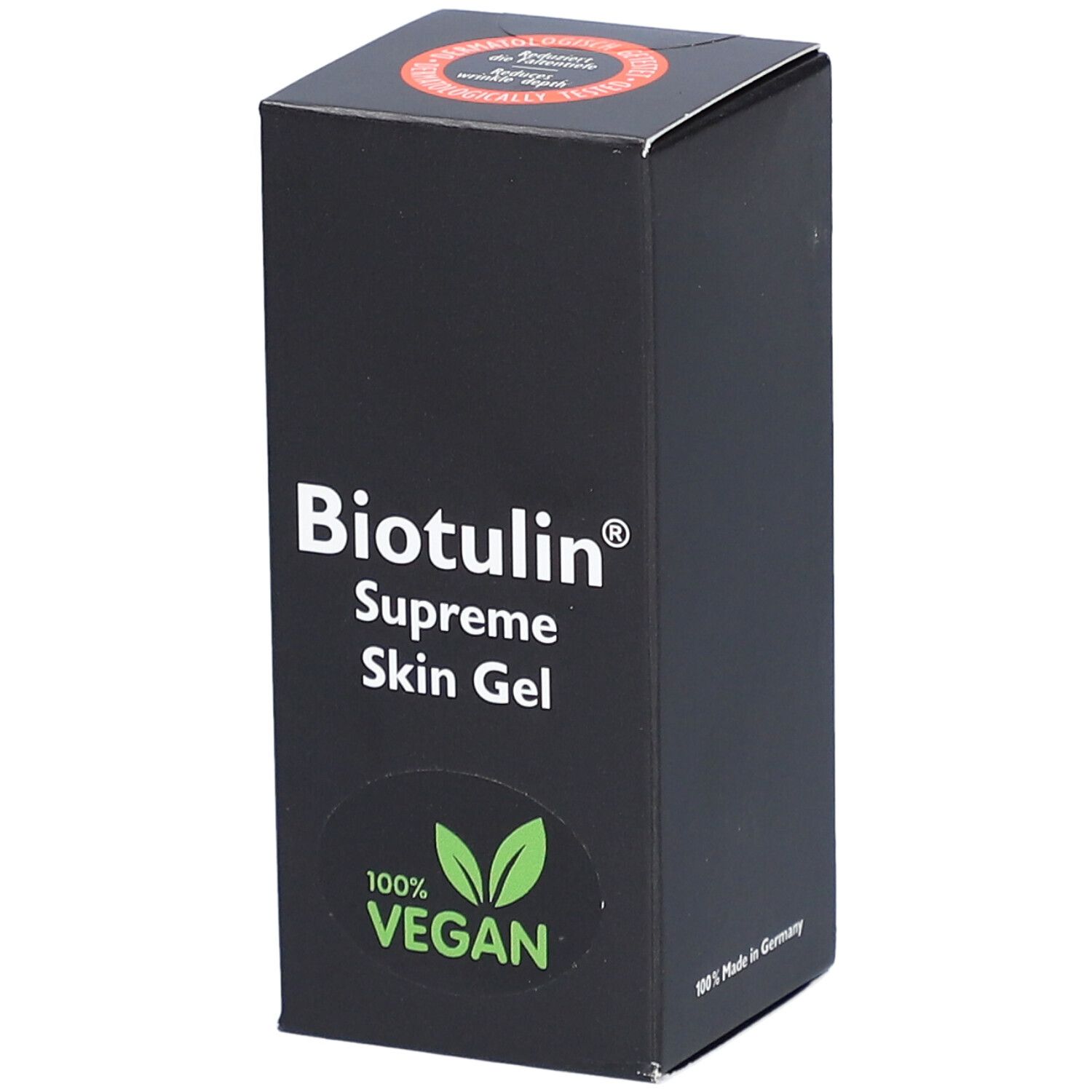 Boîte noire BIOTULIN Supreme Skin Gel, logo, label végétalien et cercle rouge.