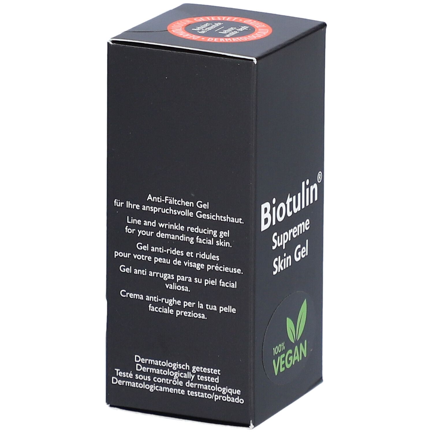 Boîte noire avec texte multilingue: BIOTULIN Supreme Skin Gel, végétalien, testé dermatologiquement.