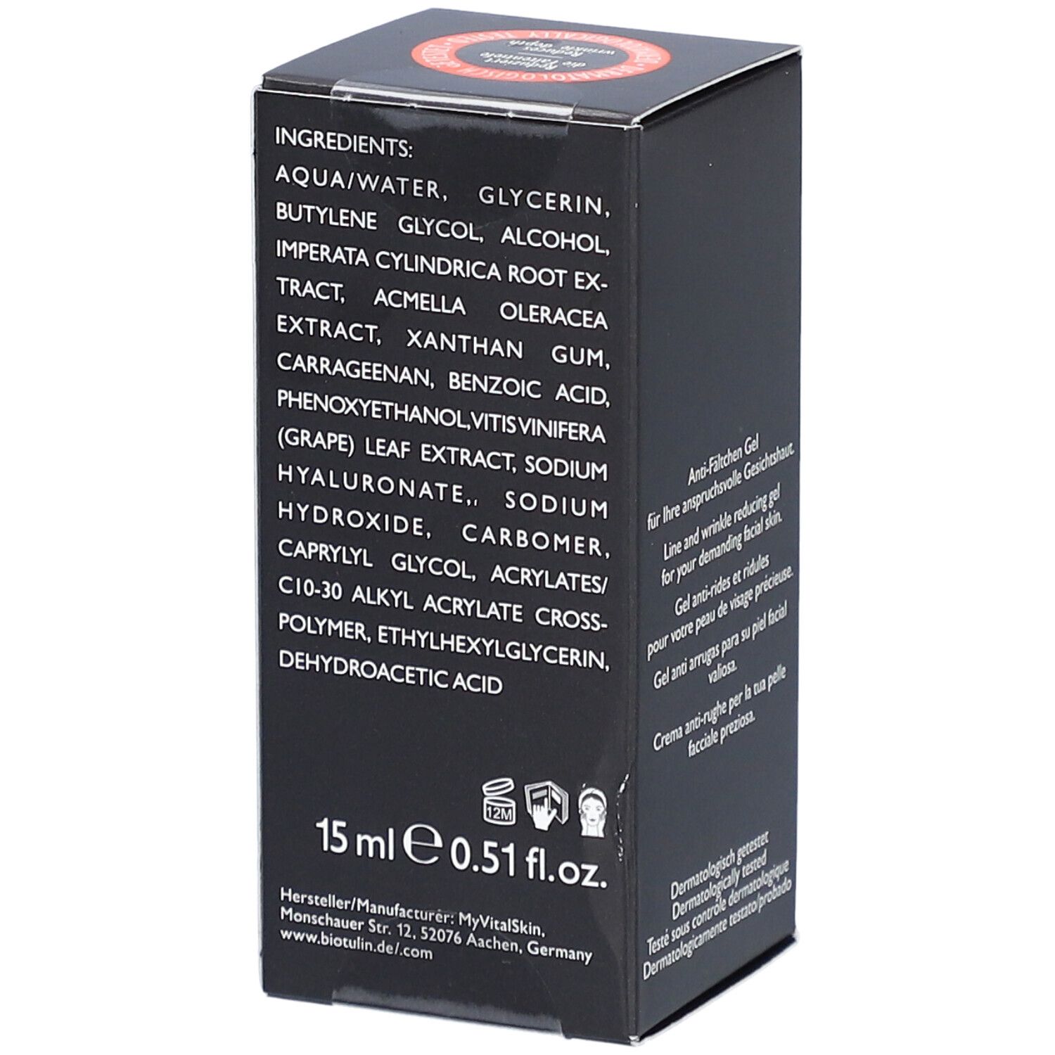 Boîte noire avec ingrédients, 15 ml, informations fabricant et label végétalien.