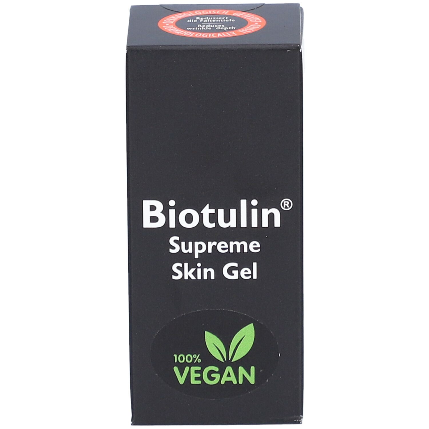 Boîte noire BIOTULIN Supreme Skin Gel, logo, label végétalien et cercle rouge.