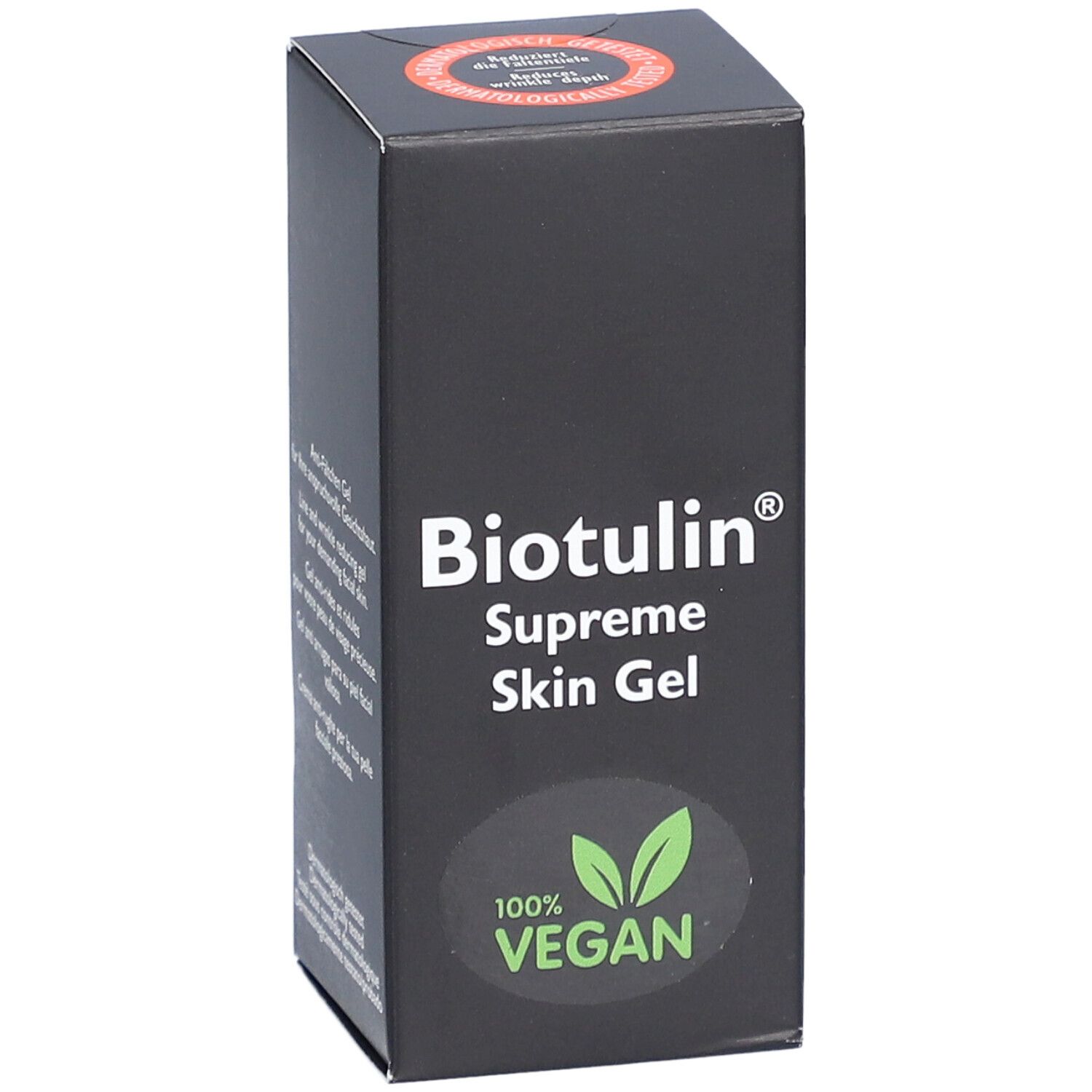 Boîte noire BIOTULIN Supreme Skin Gel, logo, label végétalien et cercle rouge.