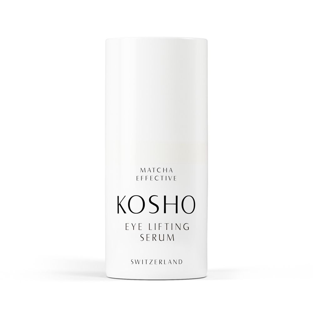 Flacon cylindrique blanc avec texte noir: KOSHO EYE LIFTING SERUM. Texte: Matcha Effective, Switzerland.