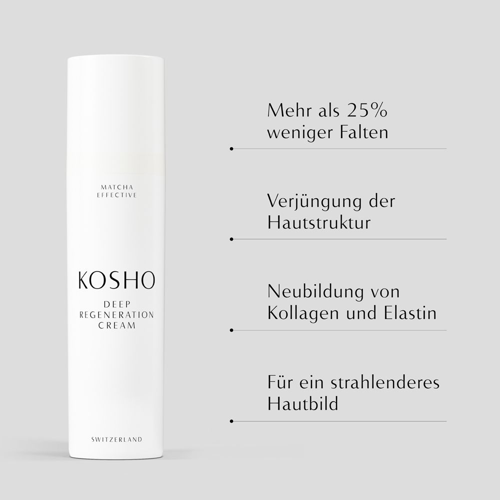 Texte avec les avantages de la crème KOSHO : moins de rides, structure de la peau, collagène, élastine.