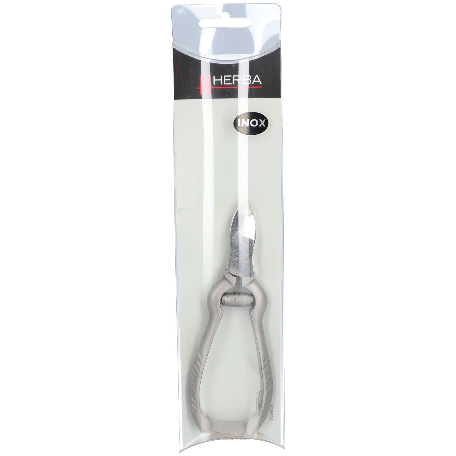 Coupe-ongles en métal dans un emballage plastique. Marque HERBA. Inscription INOX.