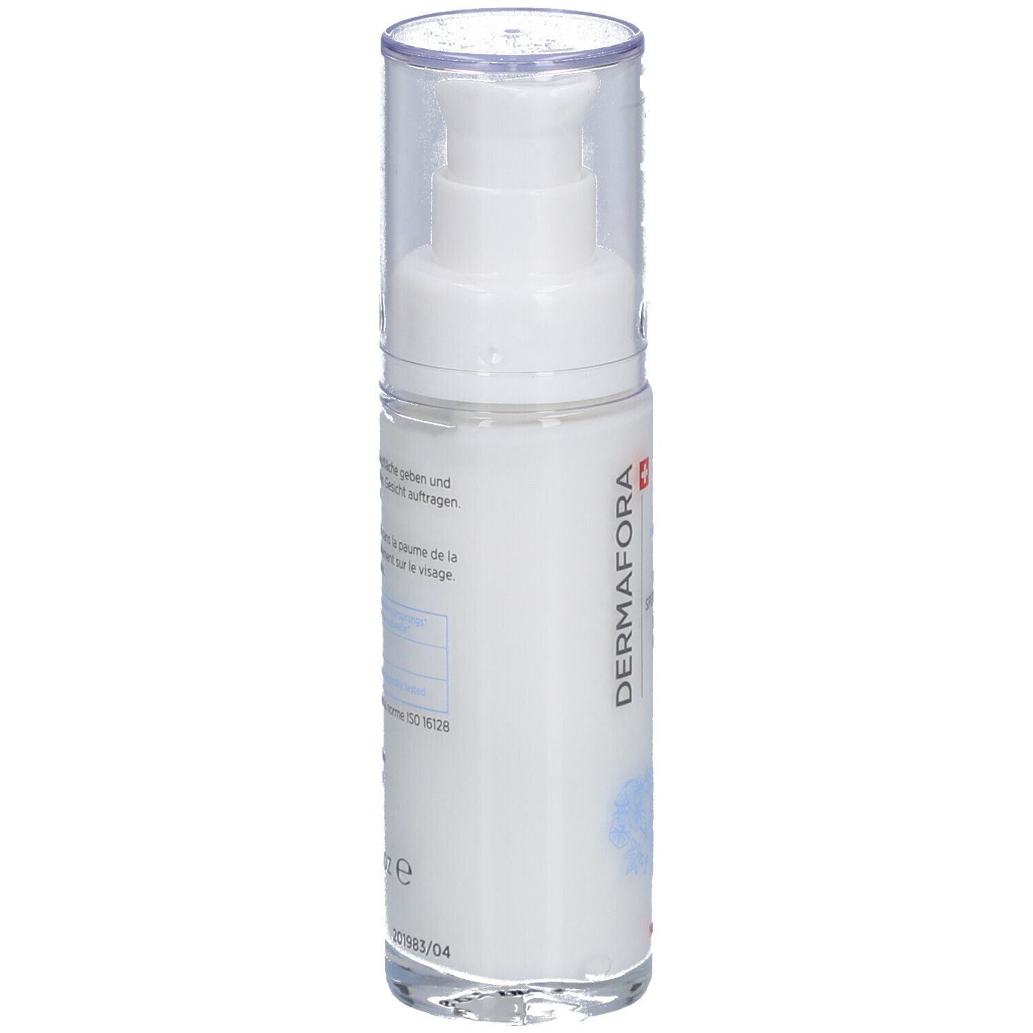 Flacon blanc avec pompe doseuse. Inscription: DERMAFORA. Texte en allemand et français. Croix suisse.
