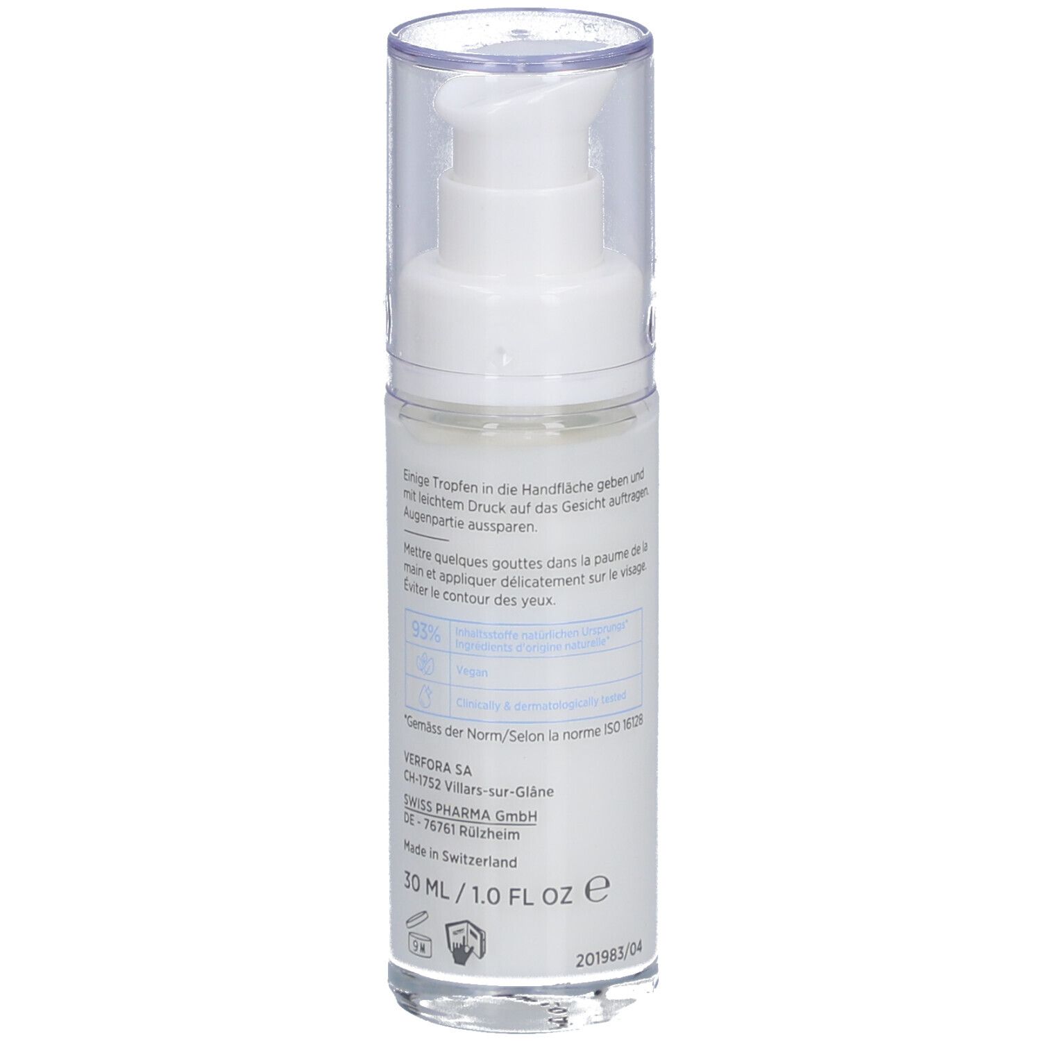 Flacon blanc avec pompe doseuse. Texte en allemand et français. Volume: 30 ml. Fabriqué en Suisse.