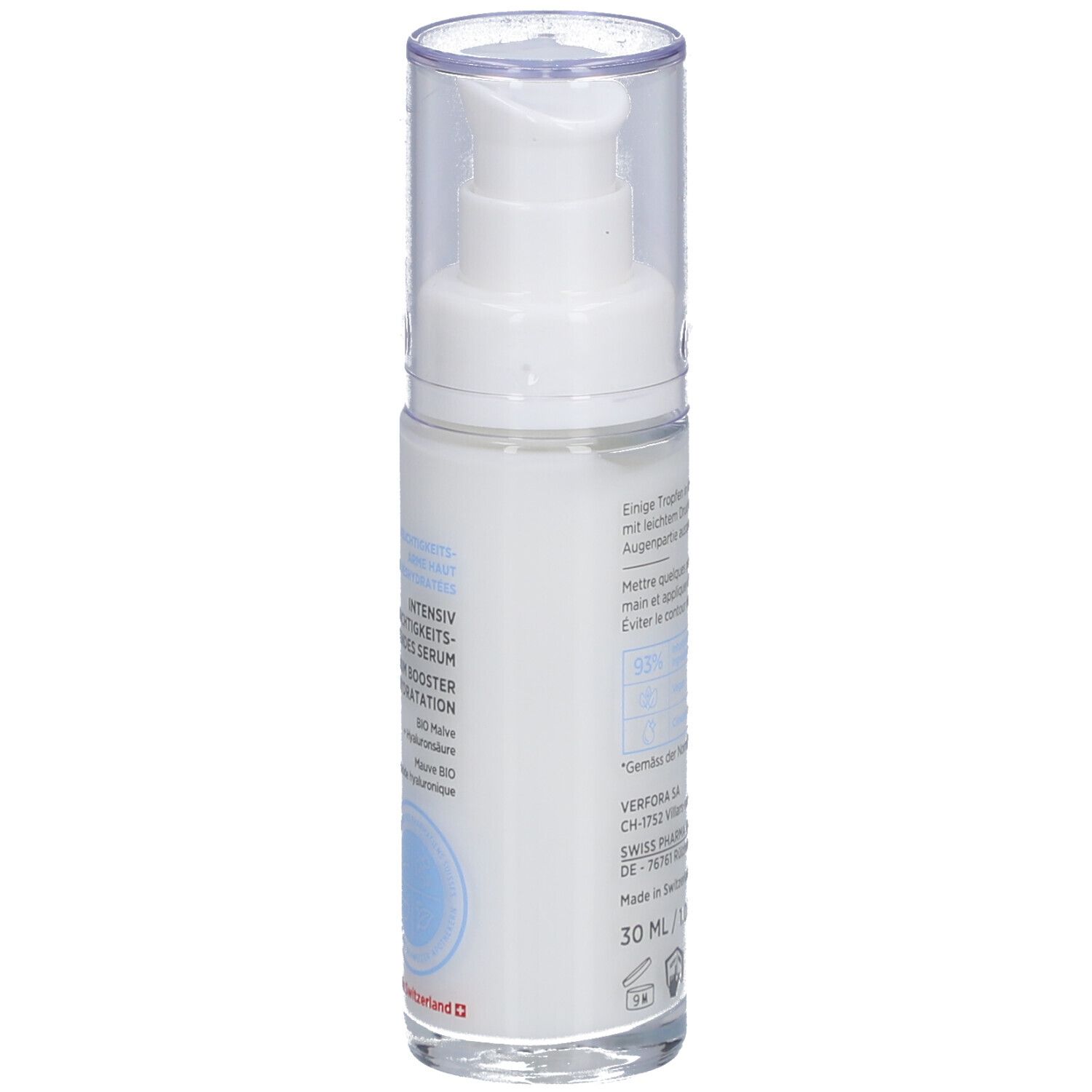 Flacon blanc avec pompe doseuse. Texte en allemand et français. Volume: 30 ml. Fabriqué en Suisse.