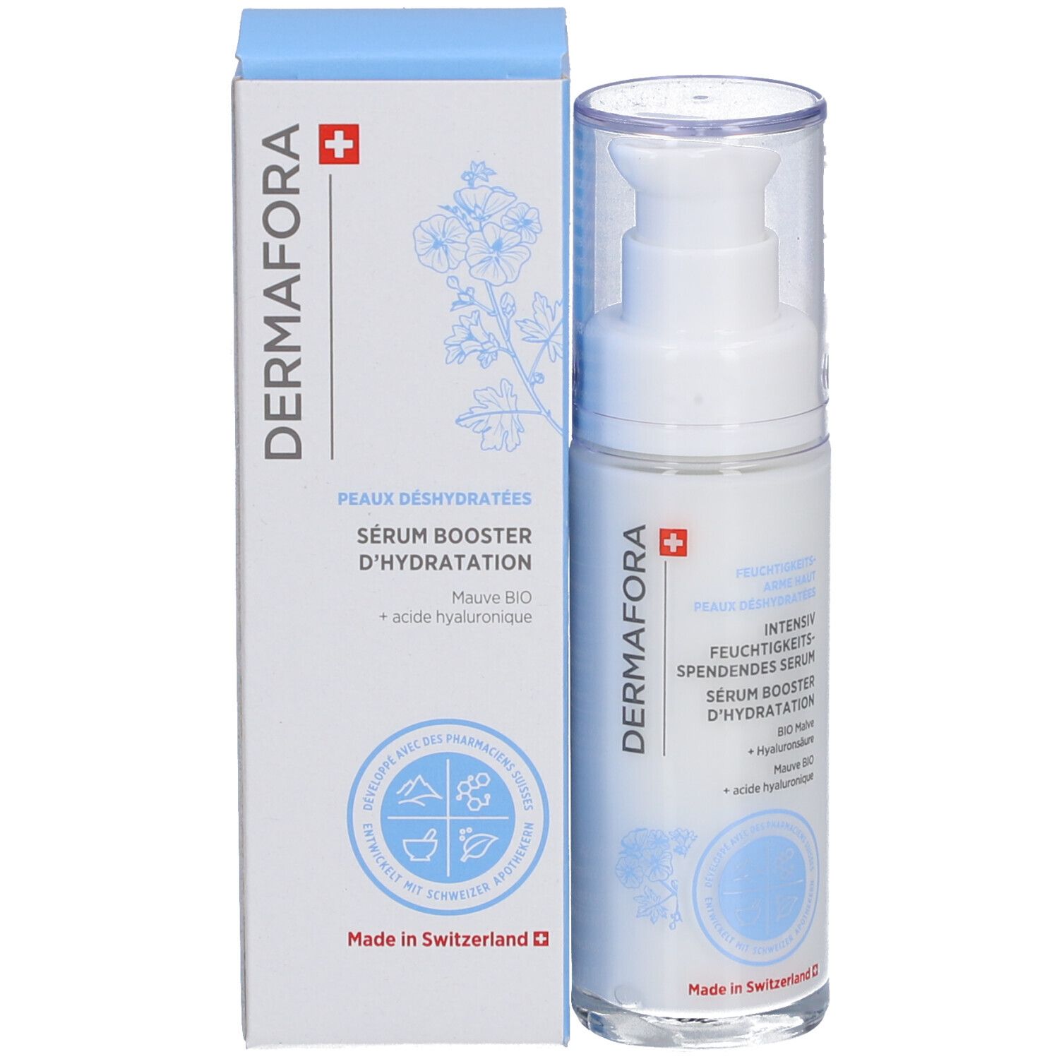 Flacon et emballage. Inscription: DERMAFORA, Sérum booster d'hydratation. Croix suisse. Emballage bleu.