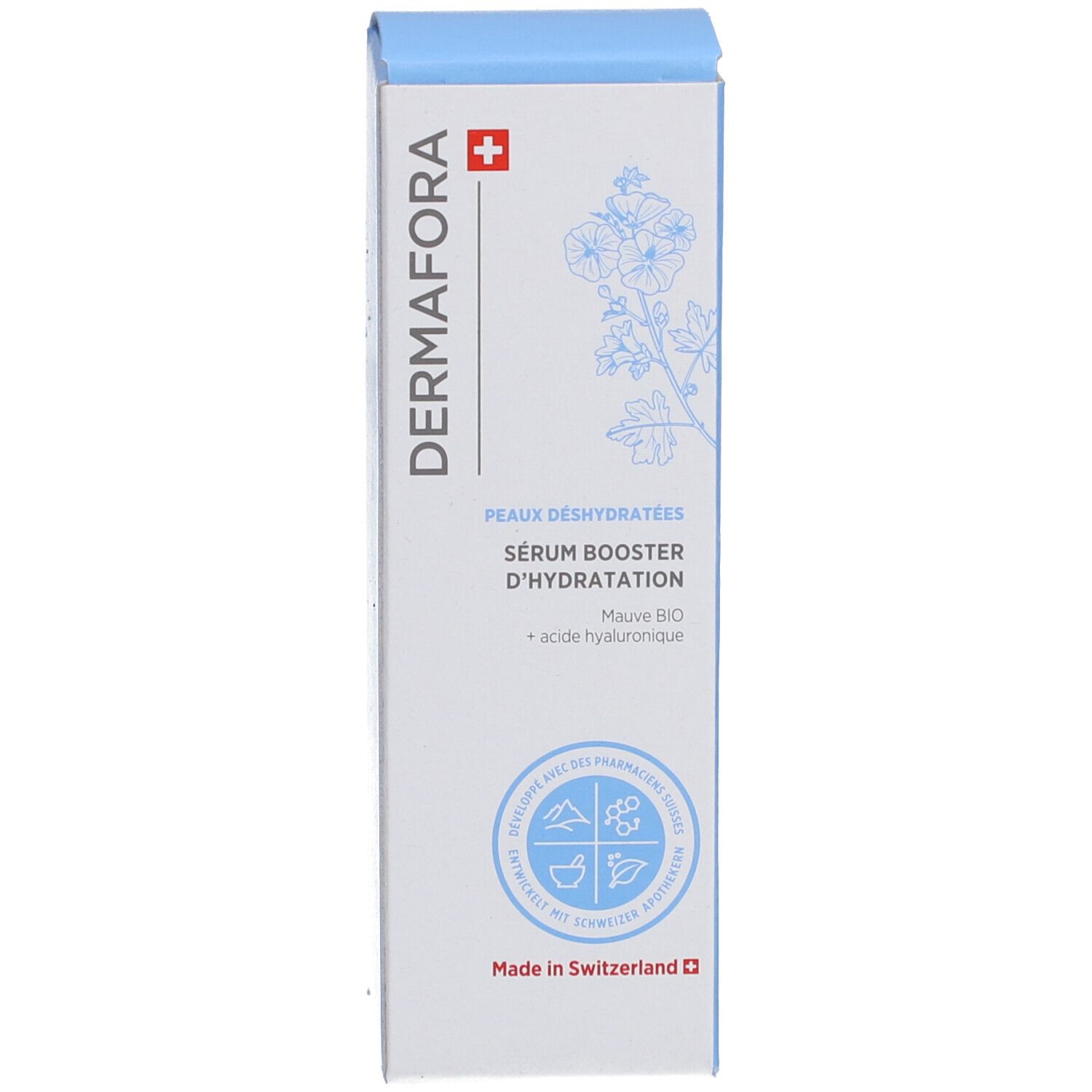 Emballage bleu. Inscription: DERMAFORA, Sérum booster d'hydratation. Croix suisse. Illustration du produit.