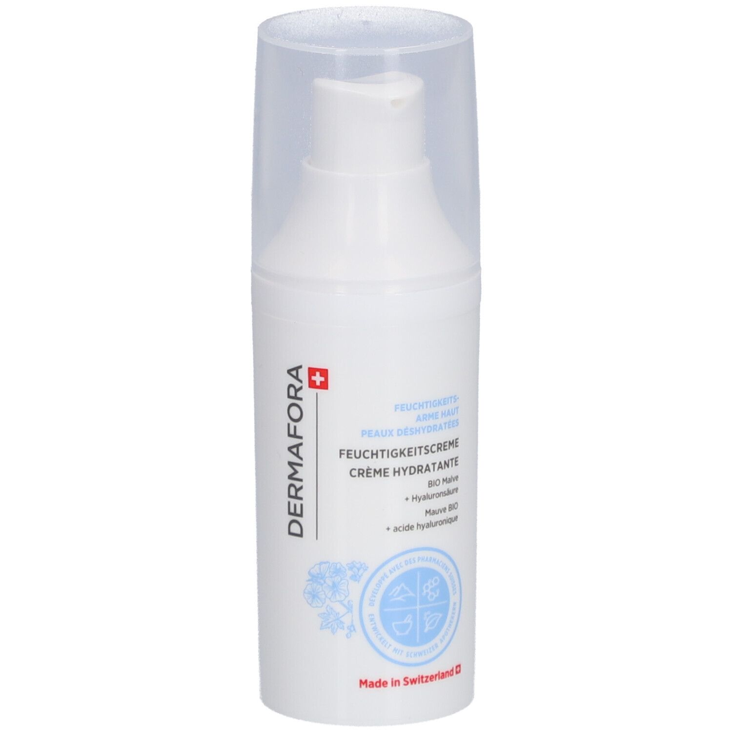 Flacon pompe blanc avec bouchon transparent. Inscription: DERMAFORA, Crème hydratante. Croix suisse.