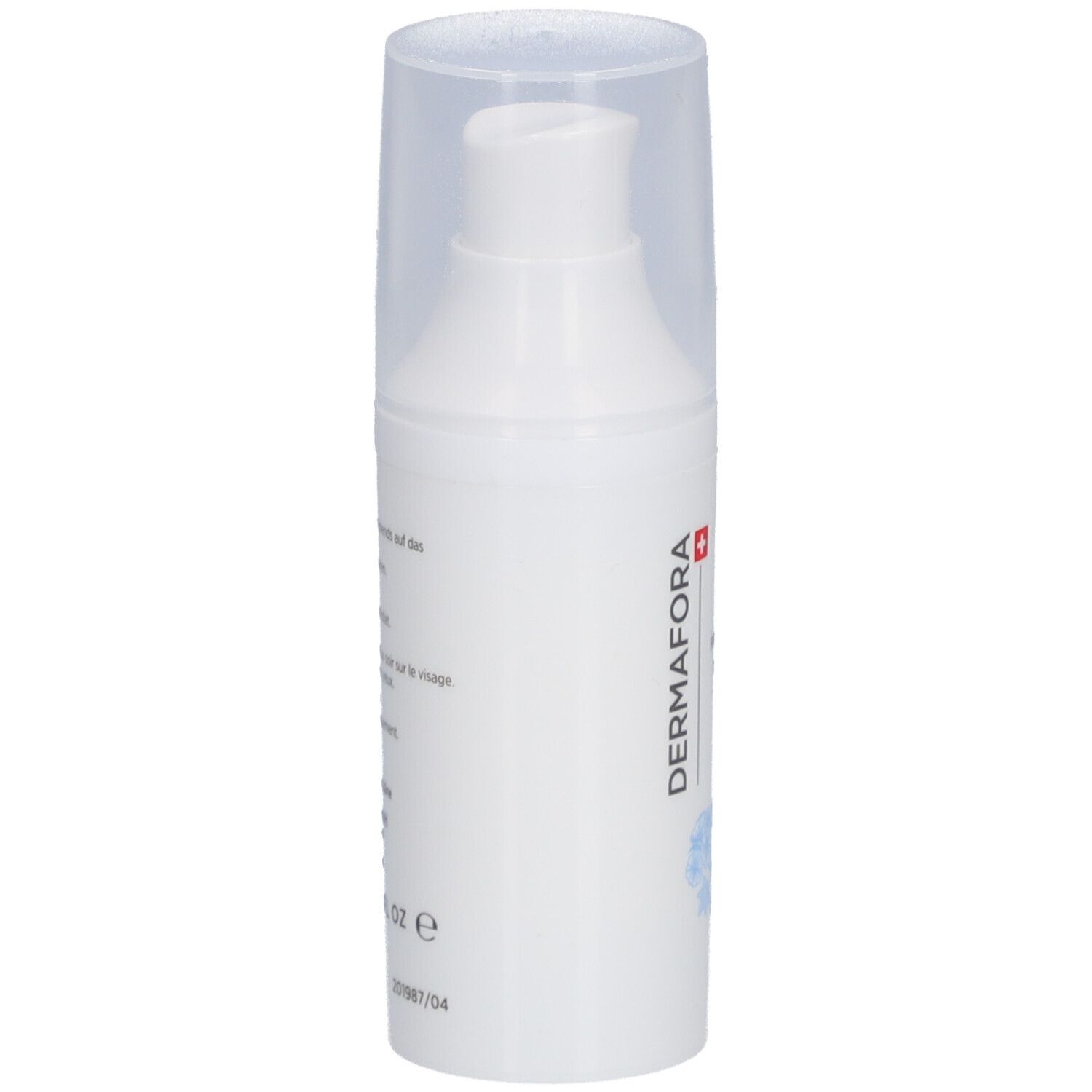 Flacon pompe blanc avec bouchon transparent. Inscription: DERMAFORA. Informations produit sur le côté.