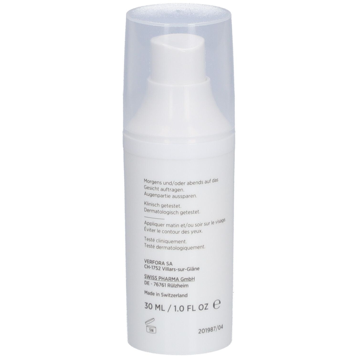 Flacon pompe blanc avec bouchon transparent. Texte: Instructions d'utilisation, 30 ml, adresse du fabricant.