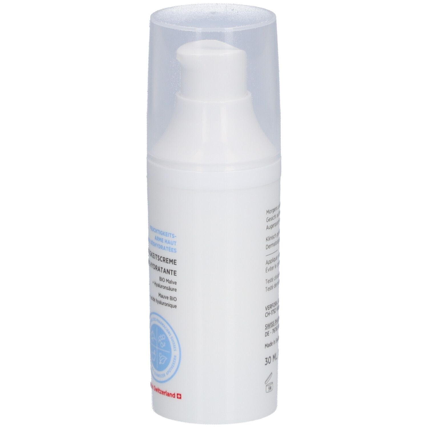 Flacon pompe blanc avec bouchon transparent. Inscription: DERMAFORA, Crème hydratante. Croix suisse.