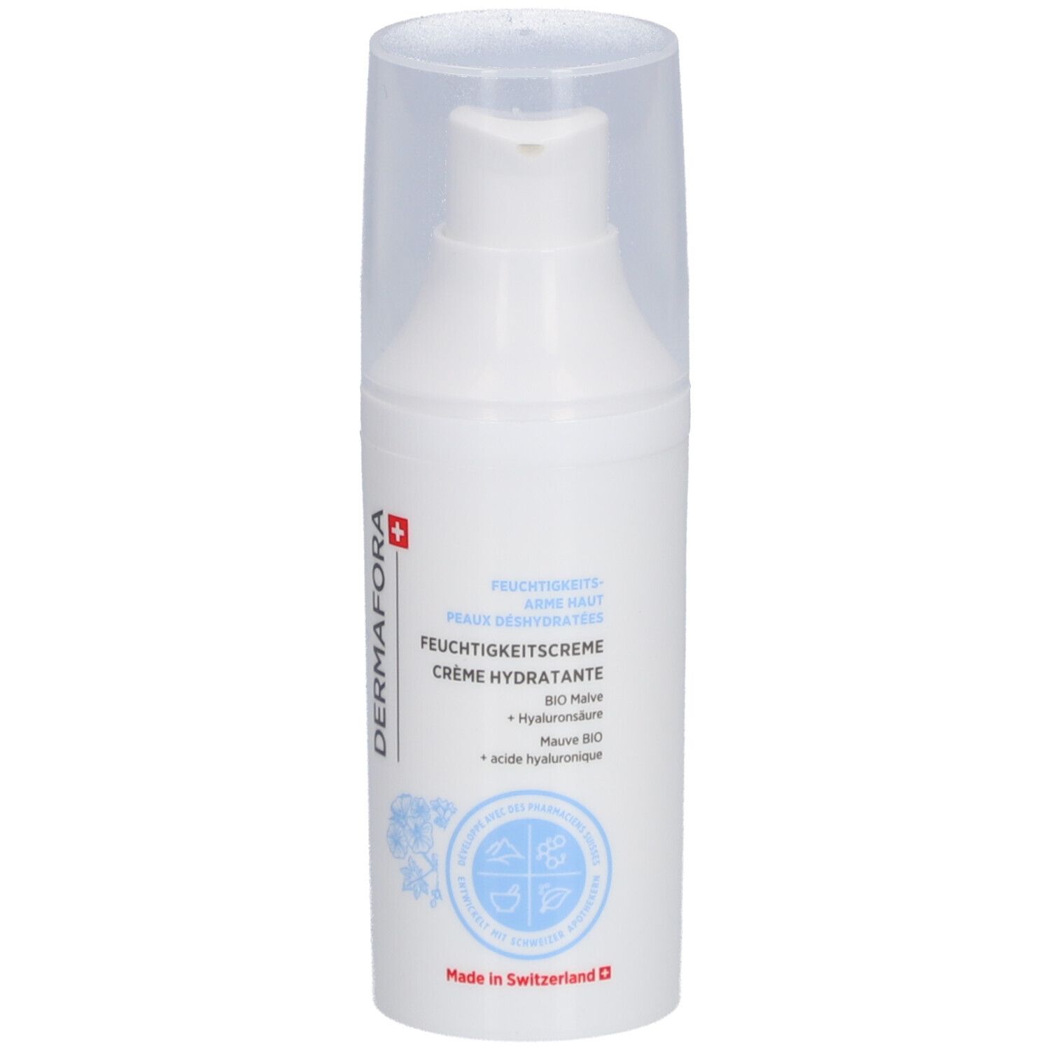 Flacon pompe blanc avec bouchon transparent. Inscription: DERMAFORA, Crème hydratante. Croix suisse.