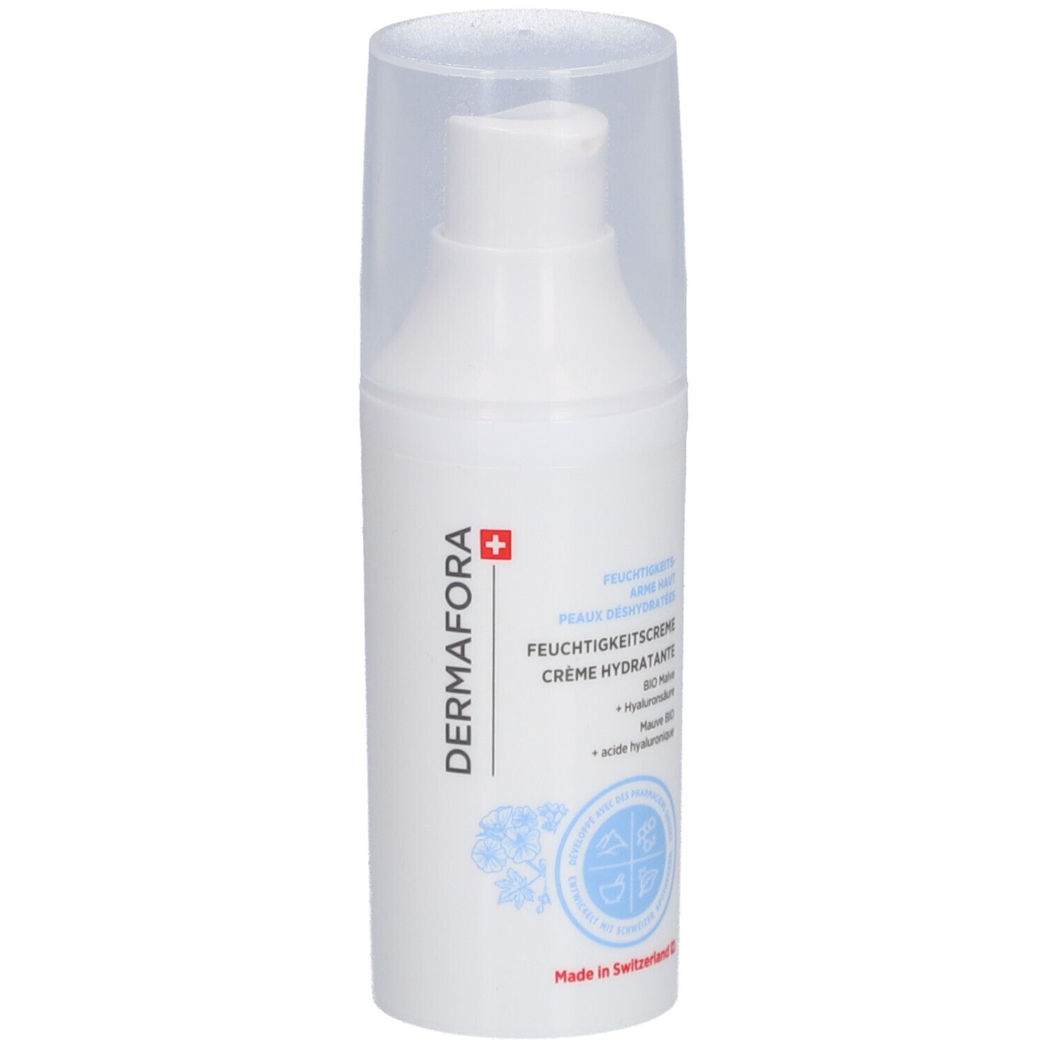 Flacon pompe blanc avec bouchon transparent. Inscription: DERMAFORA, Crème hydratante. Croix suisse.
