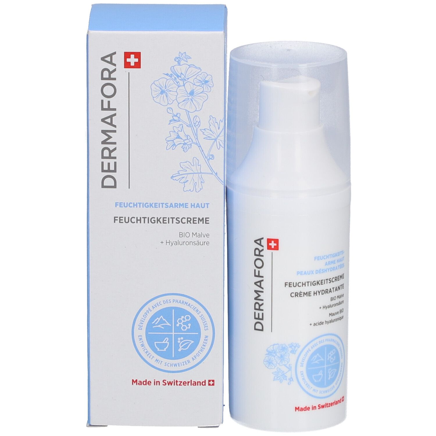 Flacon pompe blanc avec bouchon transparent et emballage. Inscription: DERMAFORA, Crème hydratante. Croix suisse.