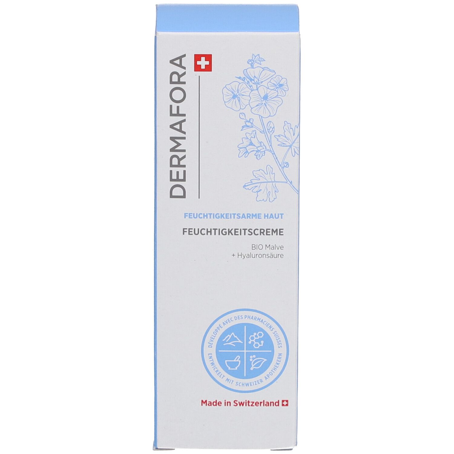 Emballage avec inscription: DERMAFORA, Crème hydratante. Croix suisse. Illustration de fleurs.