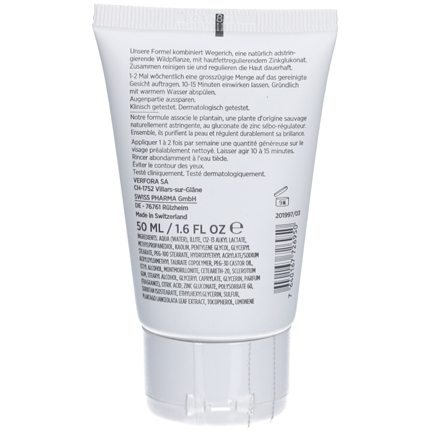 Dos du tube. Texte et ingrédients. 50 ml. Fabriqué en Suisse. Numéro de lot et code-barres.