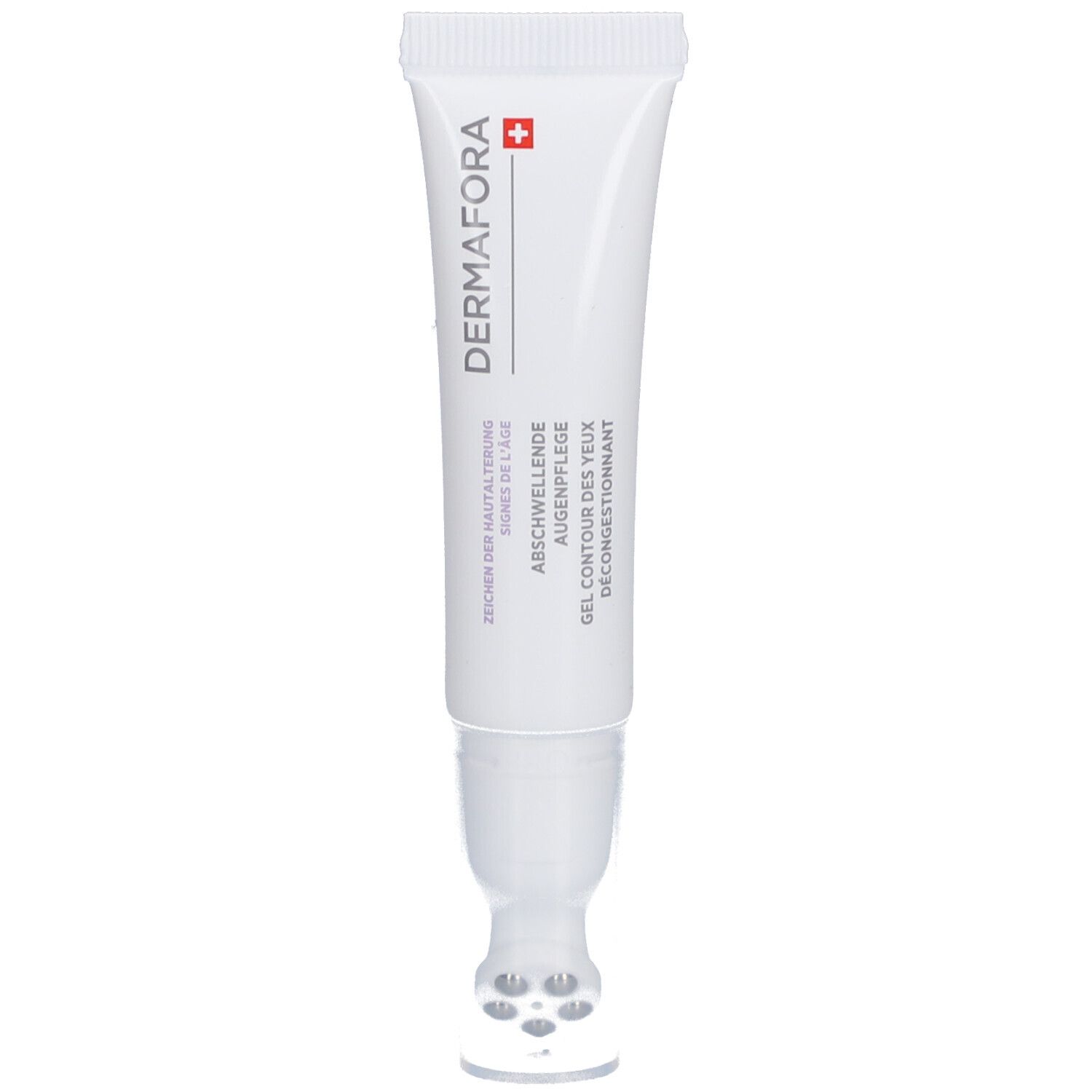 Tube blanche avec applicateur. Inscription: DERMAFORA, Gel contour des yeux décongestionnant. Croix suisse.