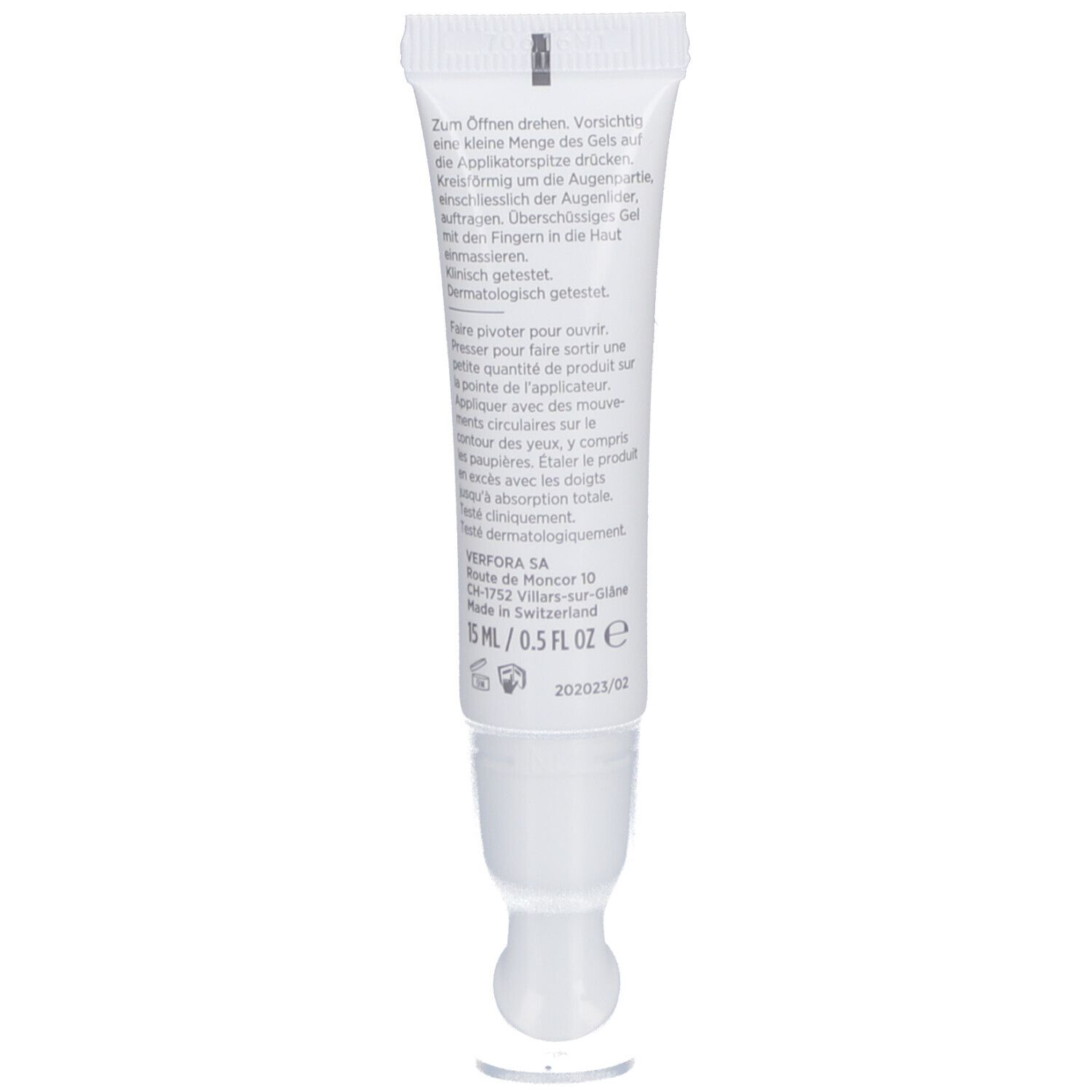 Dos du tube. Texte en allemand. Adresse du fabricant. Volume: 15 ml / 0.5 fl oz. Testé dermatologiquement.