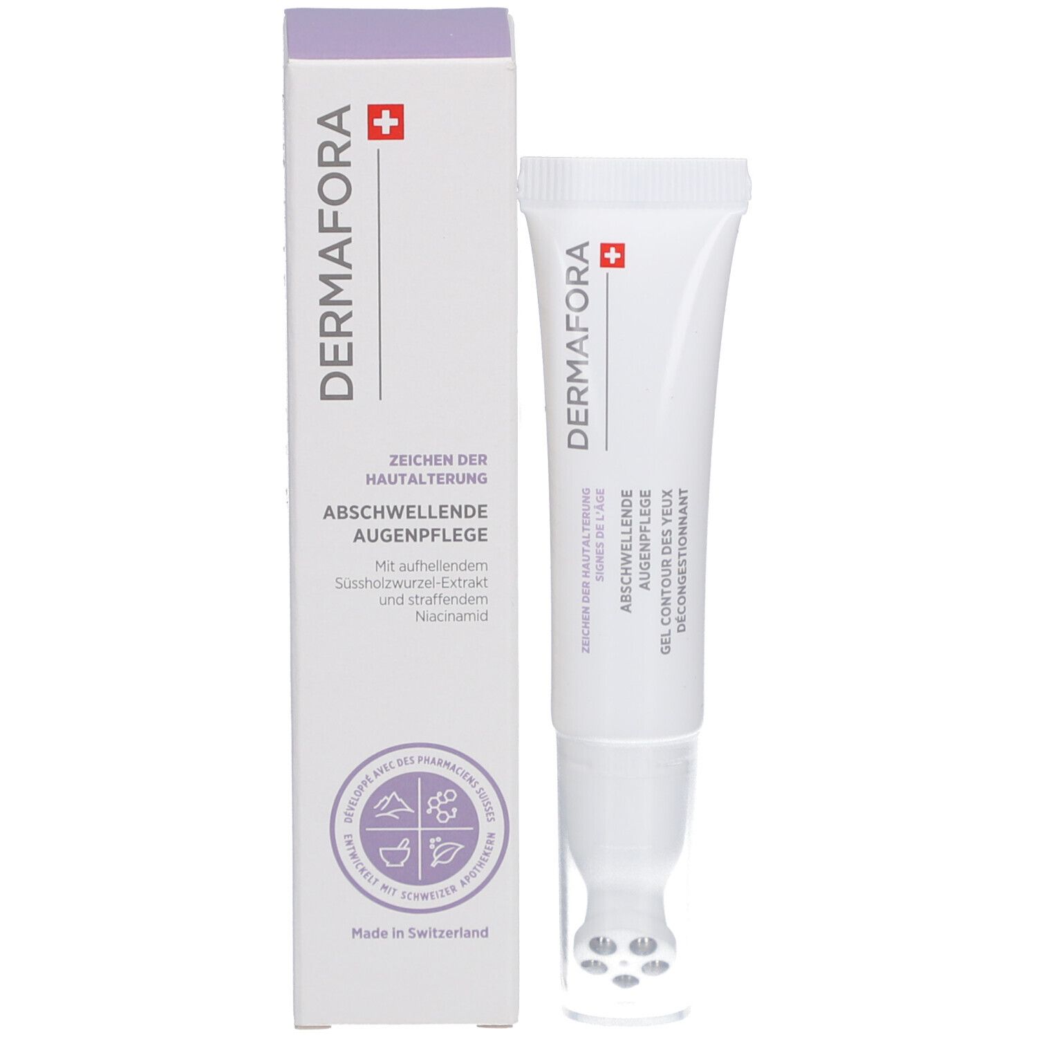 Produit et emballage. Tube et boîte. Inscription: DERMAFORA, Gel contour des yeux décongestionnant. Croix suisse.