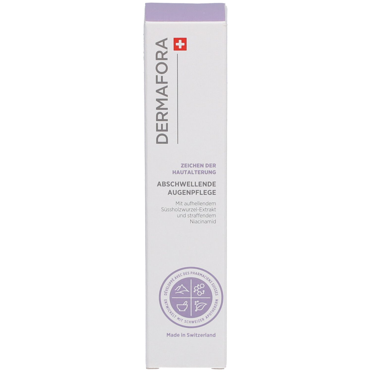 Boîte. Inscription: DERMAFORA, Gel contour des yeux décongestionnant. Croix suisse. Avec labels.