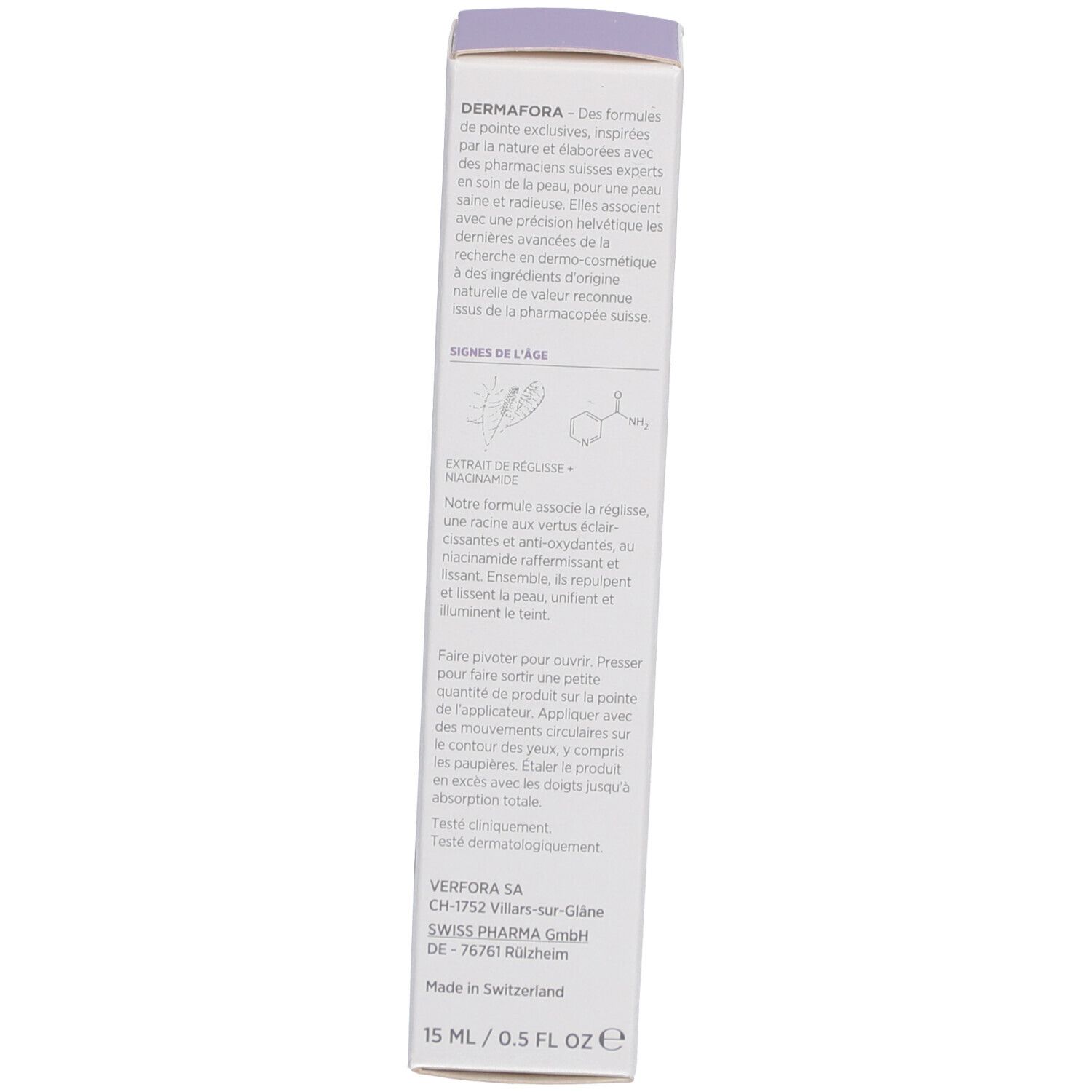 Boîte. Texte en allemand. Ingrédients, instructions d'utilisation. Adresse du fabricant. Volume: 15 ml / 0.5 fl oz.