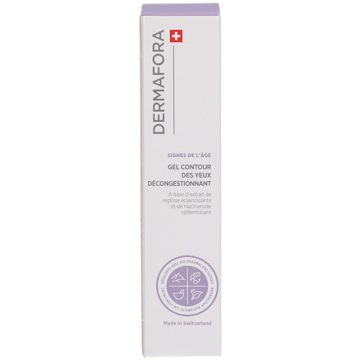 Boîte. Inscription: DERMAFORA, Gel contour des yeux décongestionnant. Croix suisse. Avec labels.