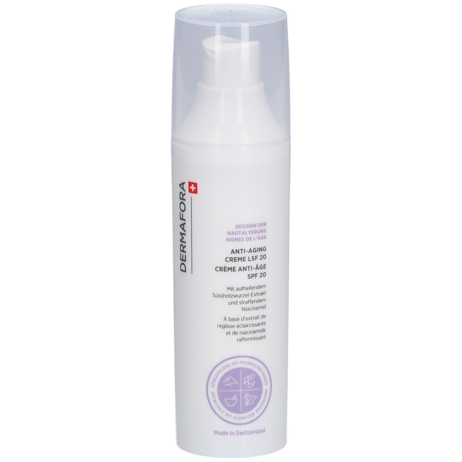 Flacon de crème blanc avec bouchon transparent. Inscription: DERMAFORA, Crème Anti-Âge SPF 20. Croix suisse.