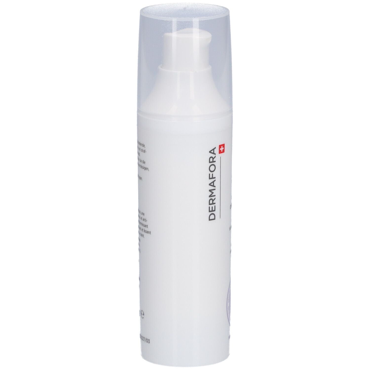 Flacon de crème blanc avec bouchon transparent. Inscription: DERMAFORA. Croix suisse. Vue latérale.