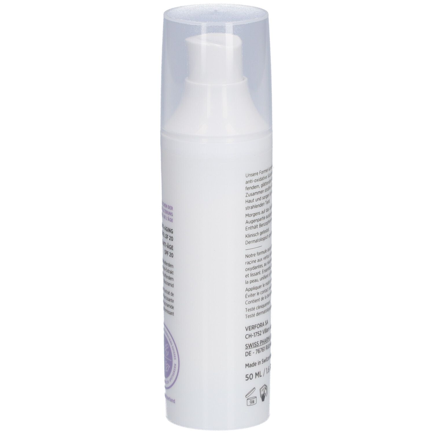 Flacon de crème blanc avec bouchon transparent. Texte au dos. Inscription: 50 ml / 1.6 fl oz. Fabriqué en Suisse.