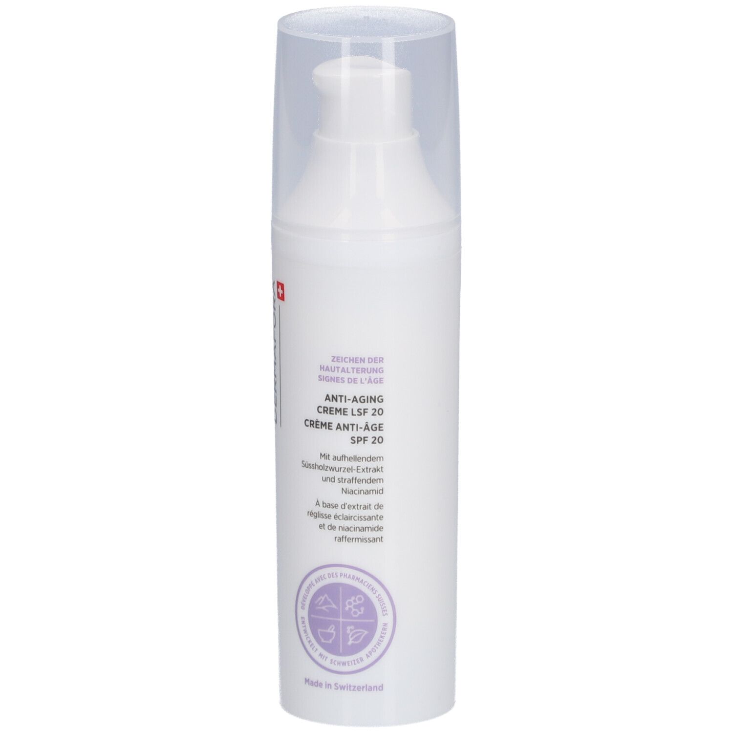 Flacon de crème blanc avec bouchon transparent. Inscription: DERMAFORA, Crème Anti-Âge SPF 20. Croix suisse.