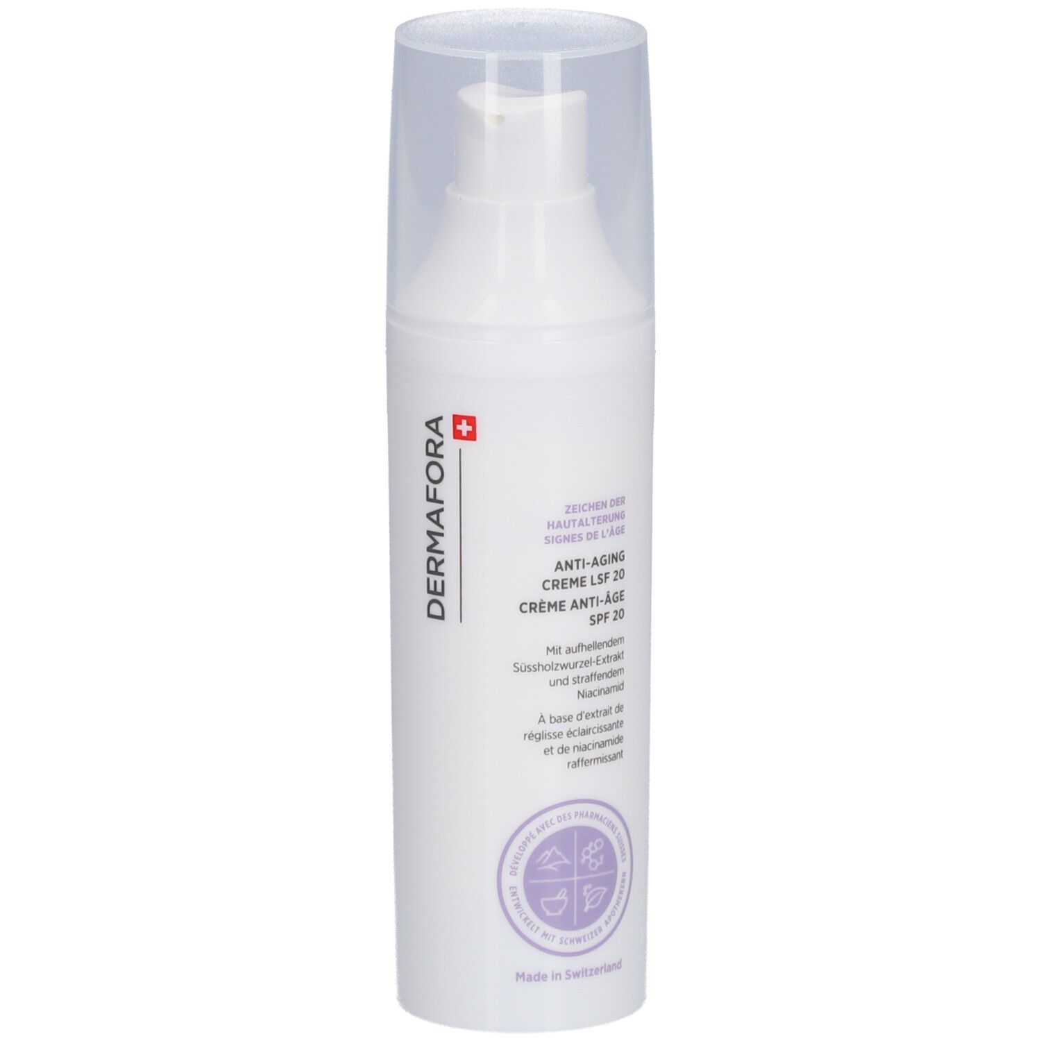 Flacon de crème blanc avec bouchon transparent. Inscription: DERMAFORA, Crème Anti-Âge SPF 20. Croix suisse.