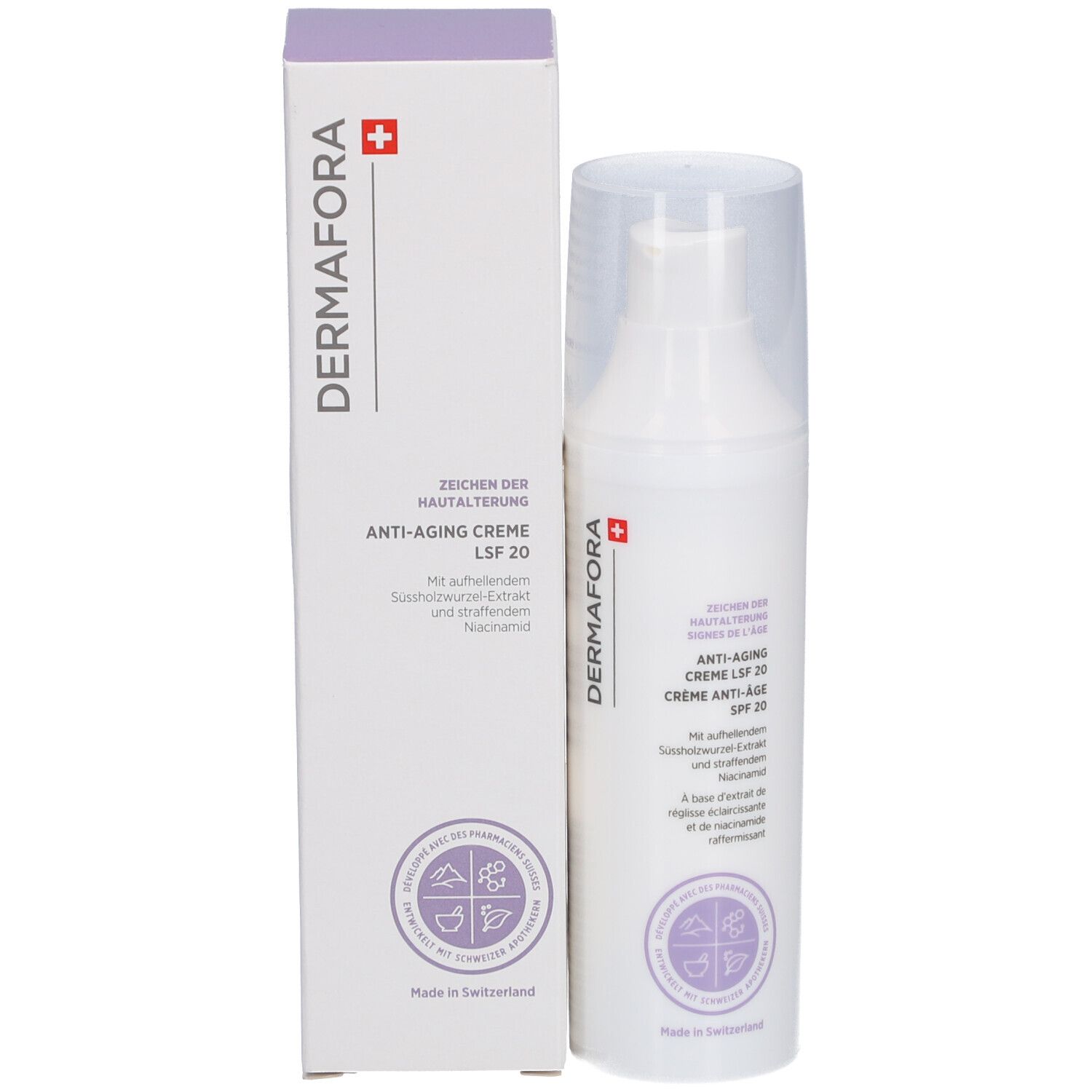 Flacon de crème et carton. Inscription: DERMAFORA, Crème Anti-Âge SPF 20. Croix suisse. Emballage.