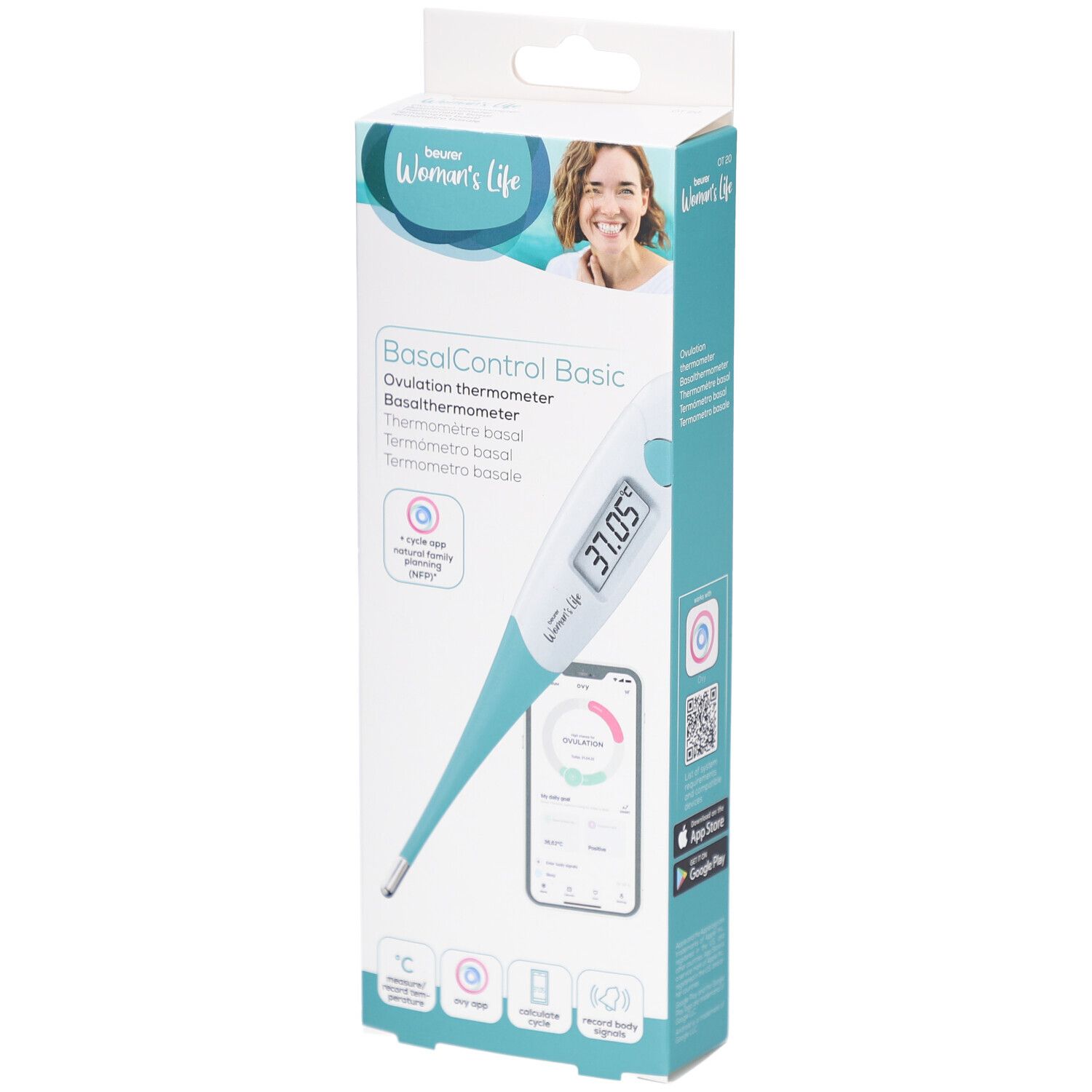 Emballage avec thermomètre basal. Inscription: BasalControl Basic, thermomètre d'ovulation. Affichage numérique: 37.05. Marque: Beurer Women's Life.