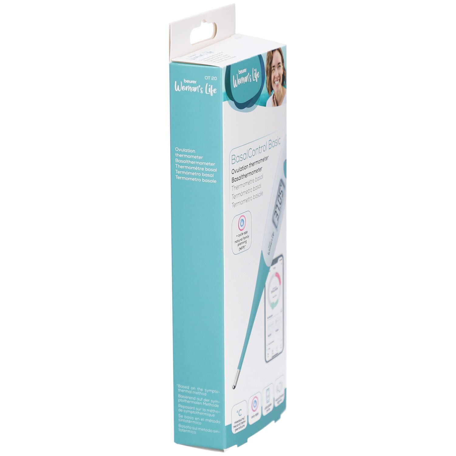 Emballage étroit avec thermomètre basal. Inscription: BasalControl Basic, thermomètre d'ovulation. Marque: Beurer Women's Life. Turquoise et blanc.