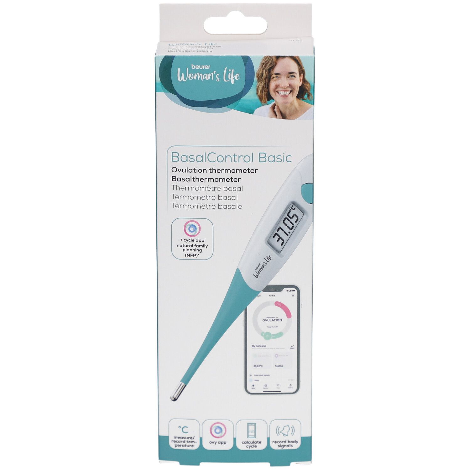 Emballage avec thermomètre basal. Inscription: BasalControl Basic, thermomètre d'ovulation. Affichage numérique: 37.05. Marque: Beurer Women's Life.