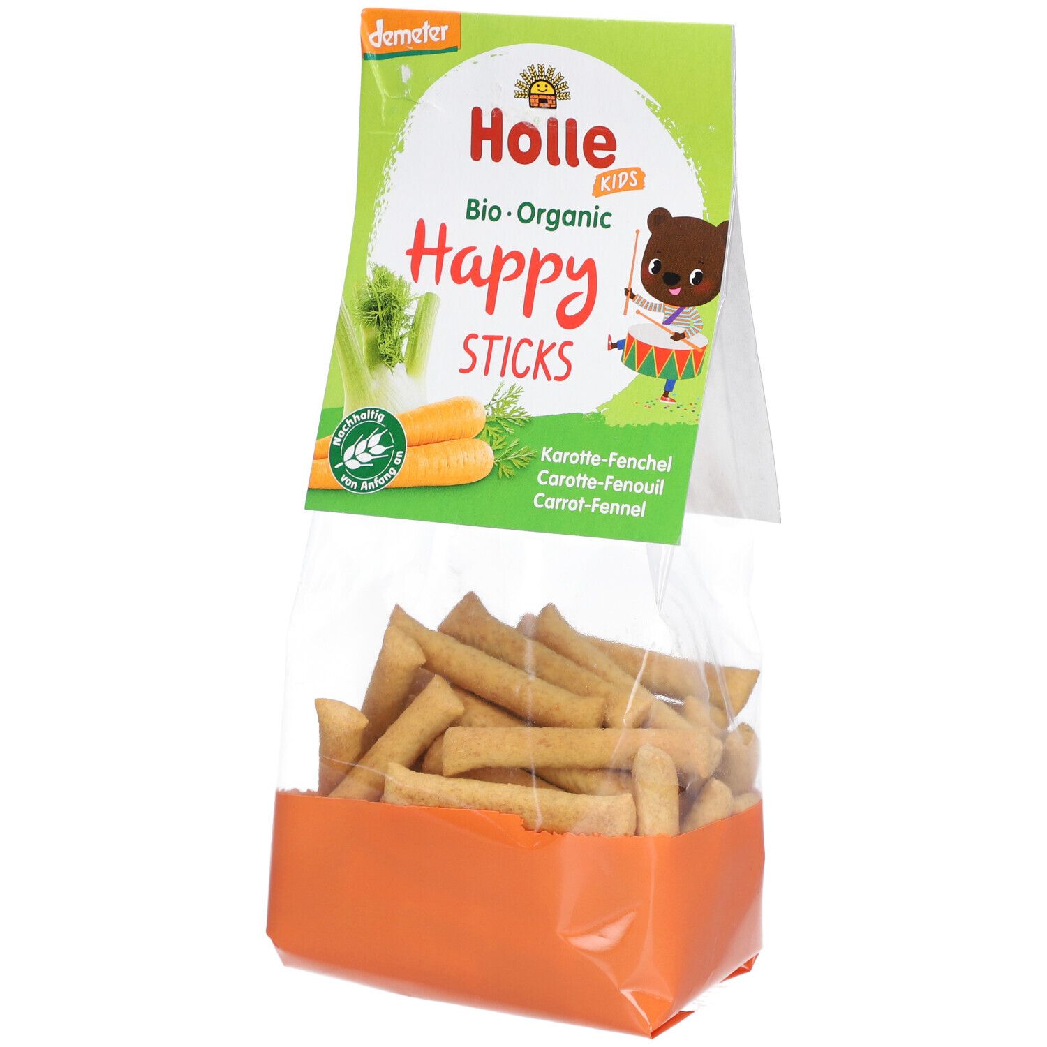 Paquet de Holle Bio Happy Sticks Carotte-Fenouil. Sachet transparent avec base orange, rempli de bâtonnets.