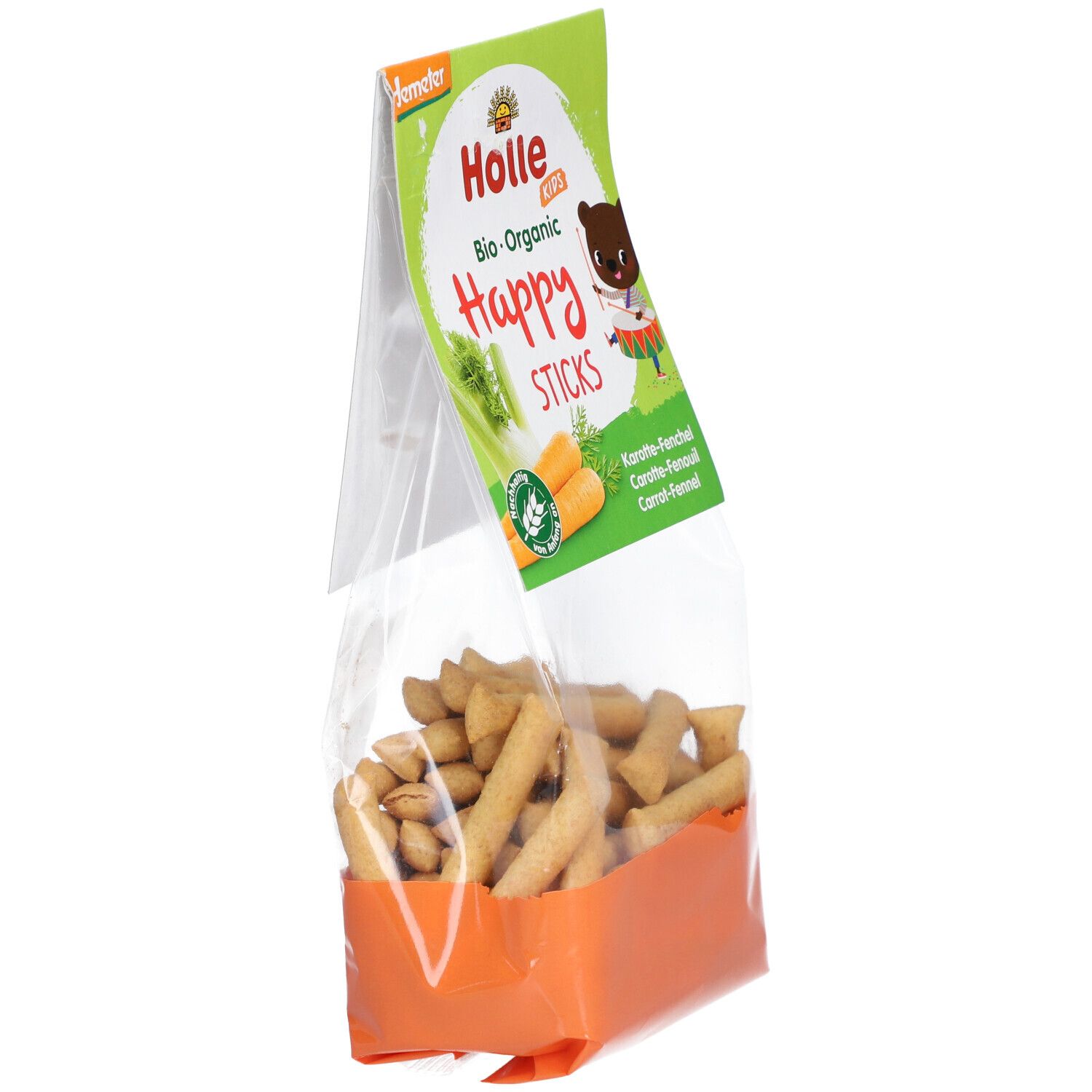 Holle Bio Happy Sticks Carotte-Fenouil dans un emballage transparent. Base orange. Impression avec nom du produit et illustration.
