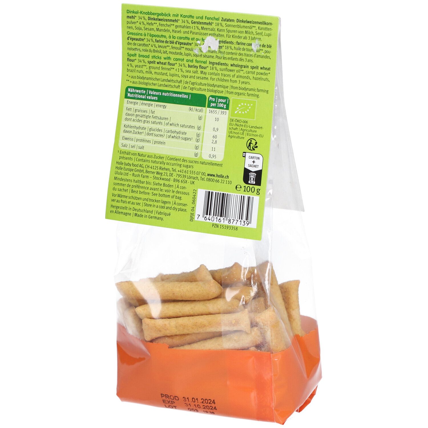Dos du paquet Holle Bio Happy Sticks. Contient informations nutritionnelles, liste des ingrédients et label bio.