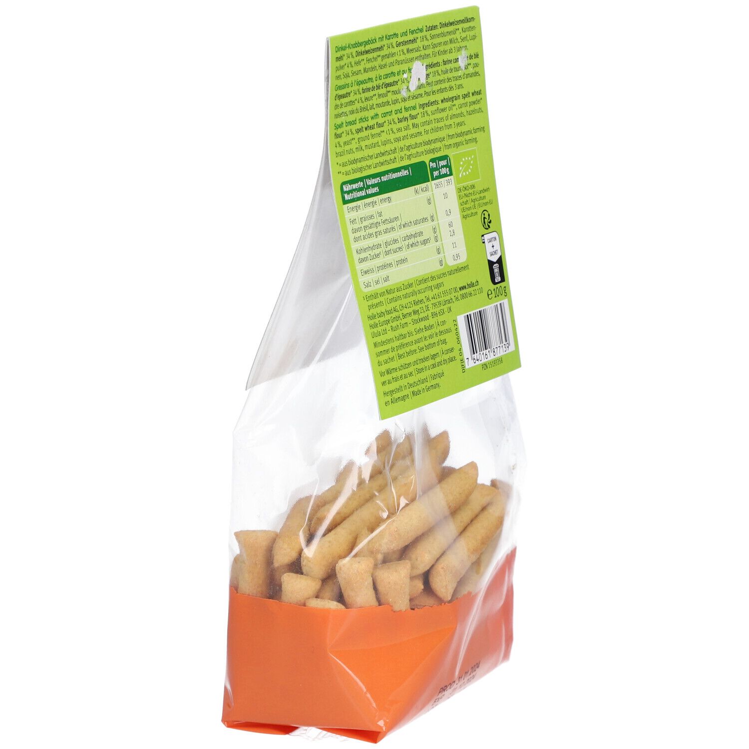 Vue arrière du paquet Holle Bio Happy Sticks. Contient informations nutritionnelles et liste des ingrédients. Label bio.