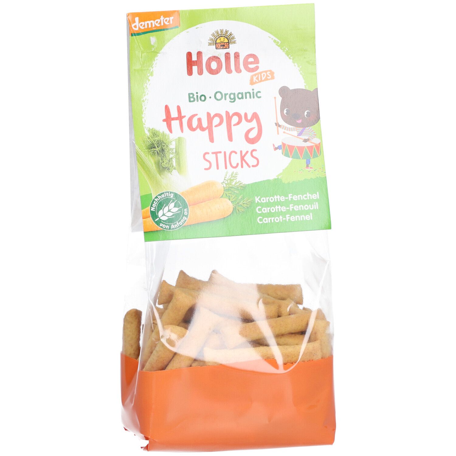 Holle Bio Happy Sticks Carotte-Fenouil dans un emballage transparent. Base orange. Nom du produit et illustration.