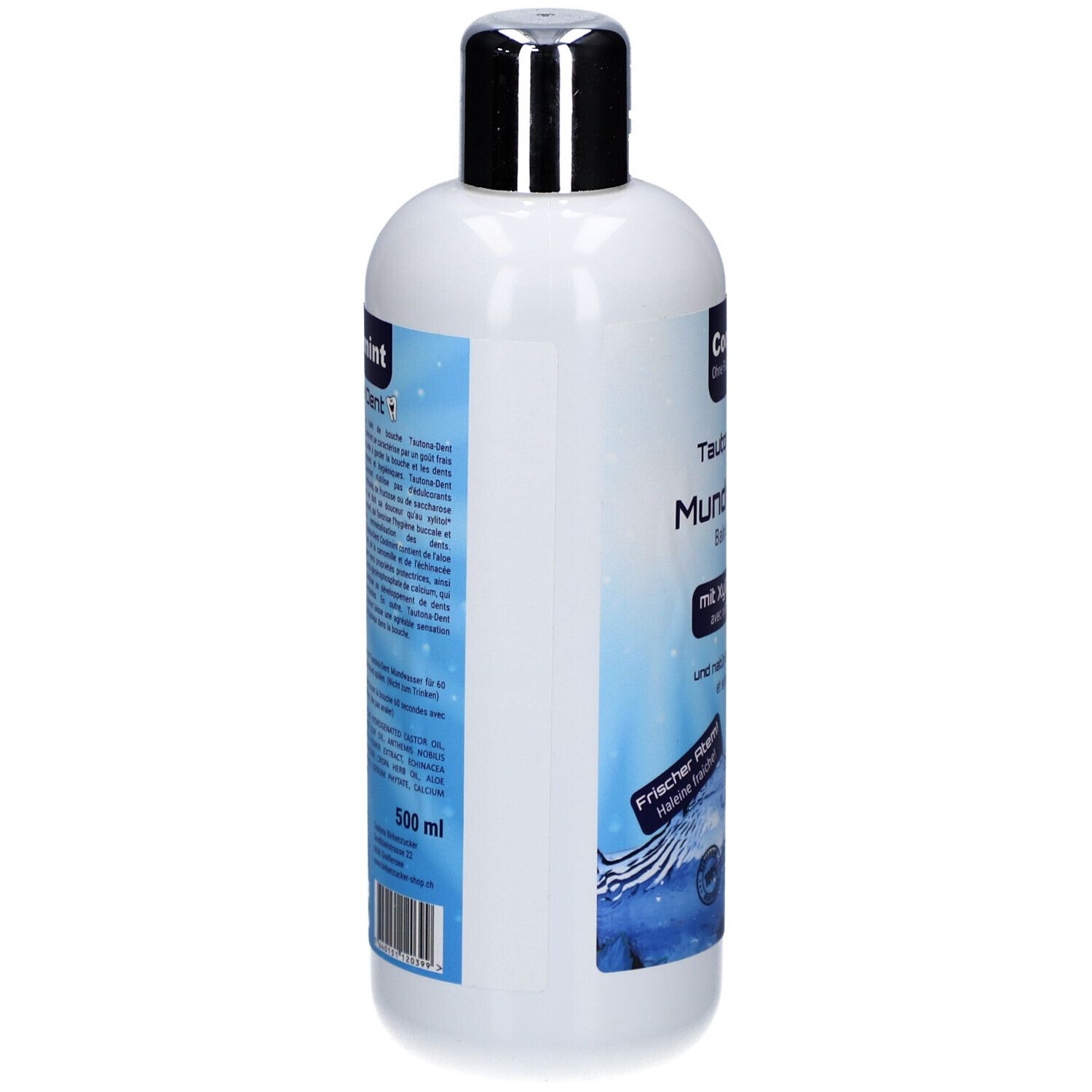 Bouteille blanche avec bouchon argenté. Texte et code-barres sur le côté. 500 ml.