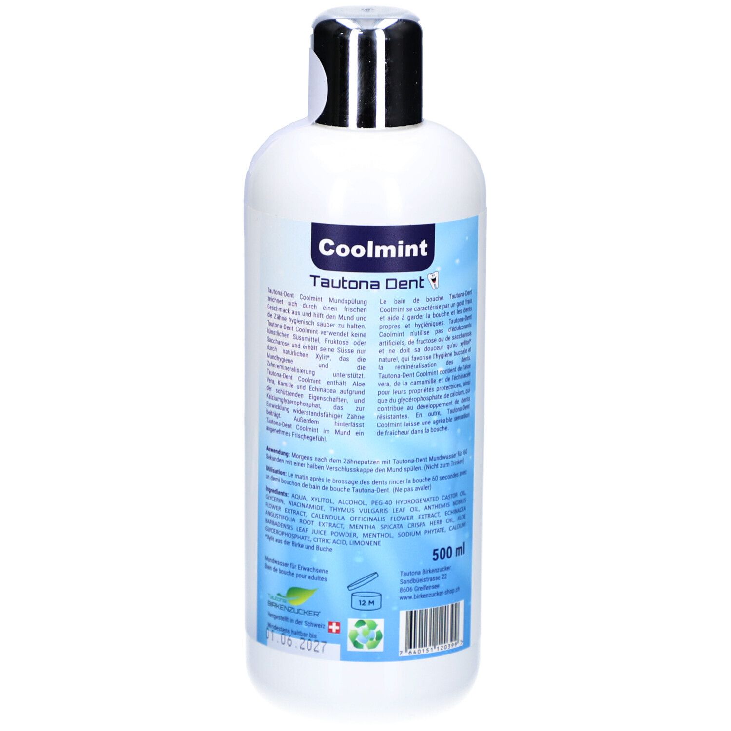 Bouteille blanche avec bouchon argenté. Texte et ingrédients au dos. 500 ml.