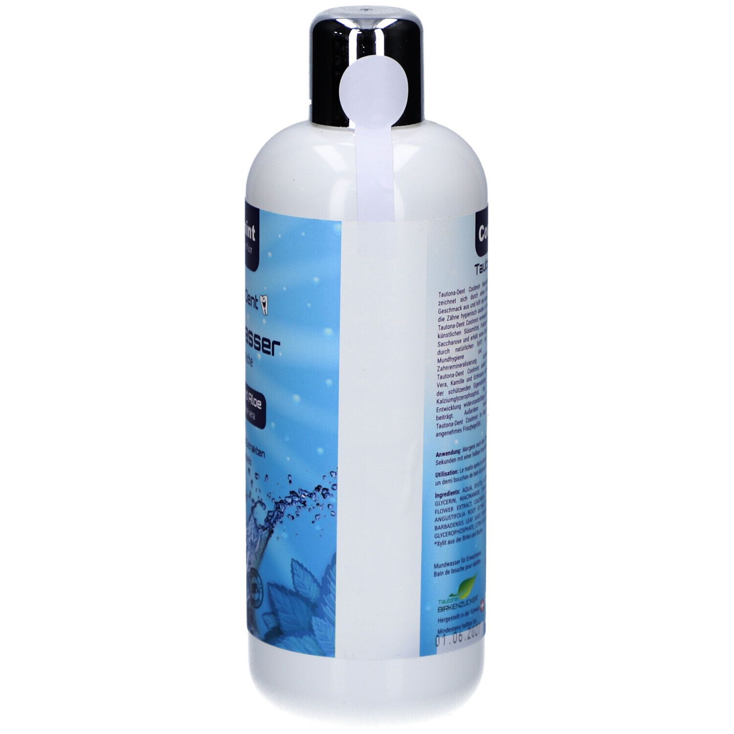 Bouteille blanche avec bouchon argenté. Texte et code-barres sur le côté. 500 ml.