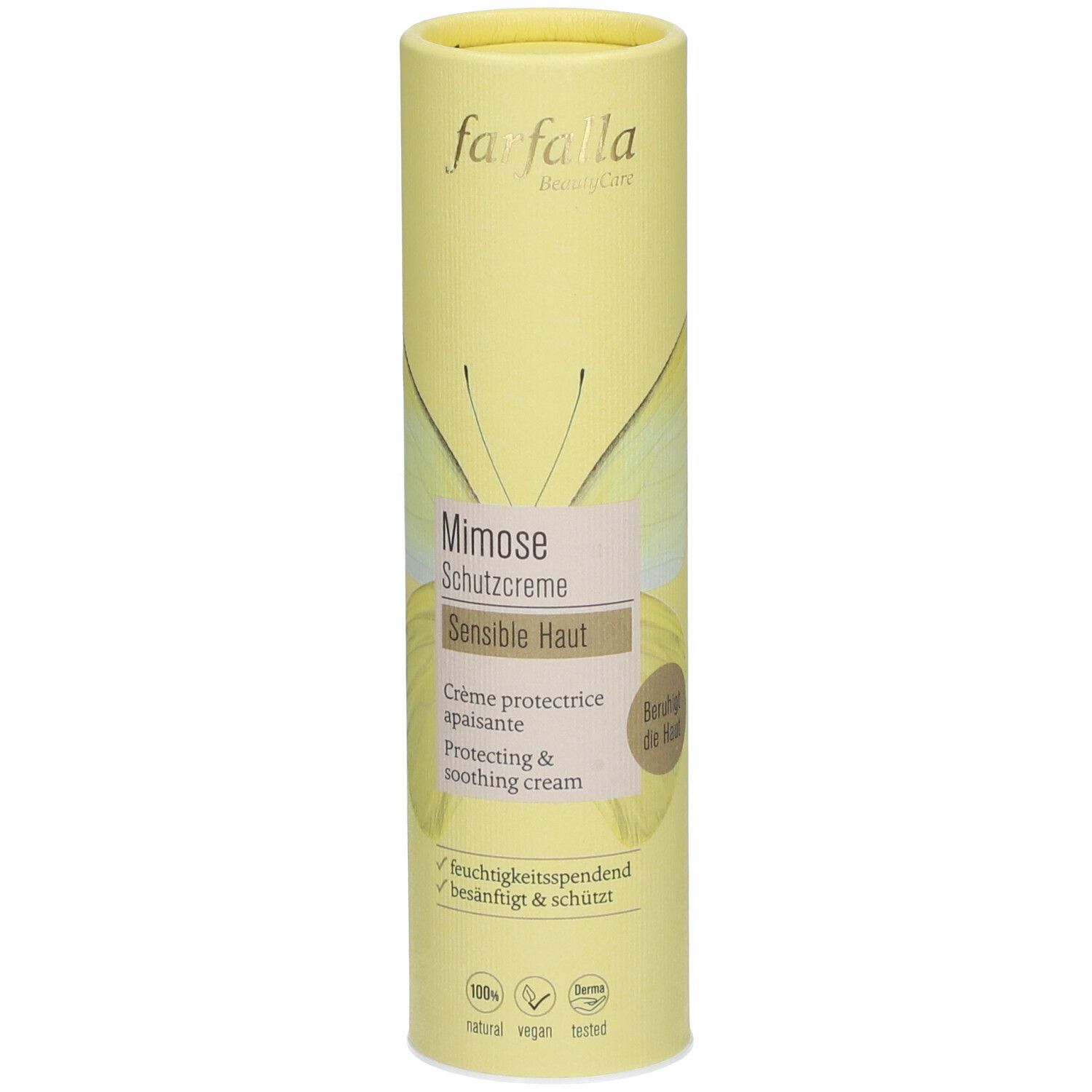 Emballage cylindrique jaune. Inscription: Mimose Schutzcreme, Sensible Haut. Logos: vegan, natural, Derma.