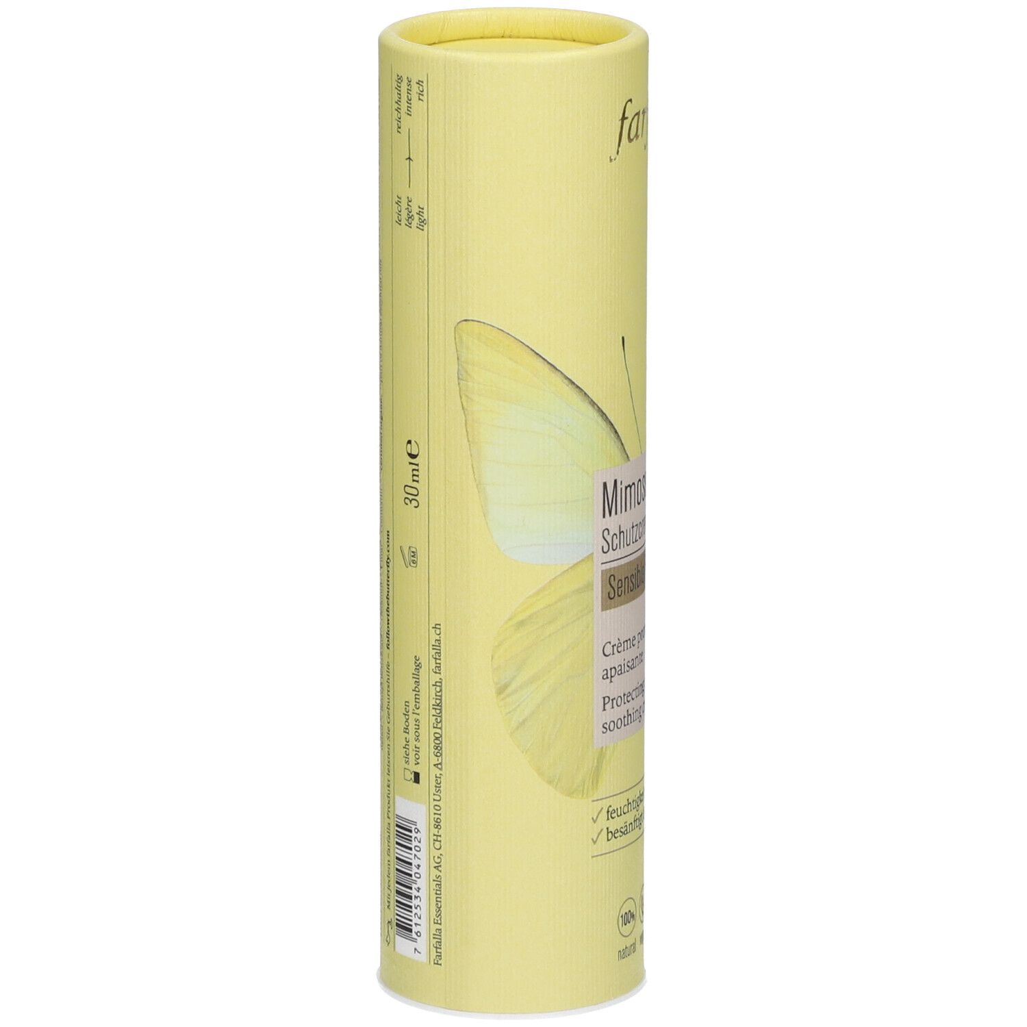 Emballage cylindrique jaune. Inscription: Mimose Schutzcreme, Sensible Haut. Côté: 30 ml. Logos et texte.