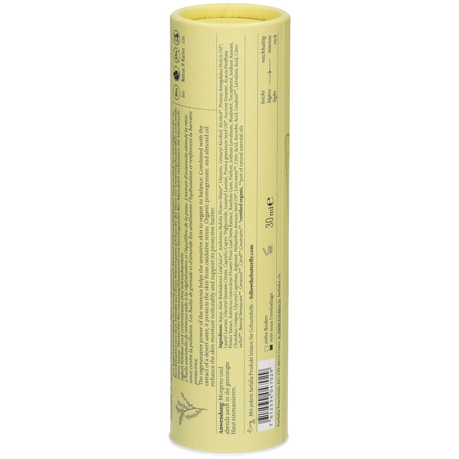 Emballage cylindrique jaune. Dos avec ingrédients, texte et logos. 30 ml. Fabriqué en Suisse.
