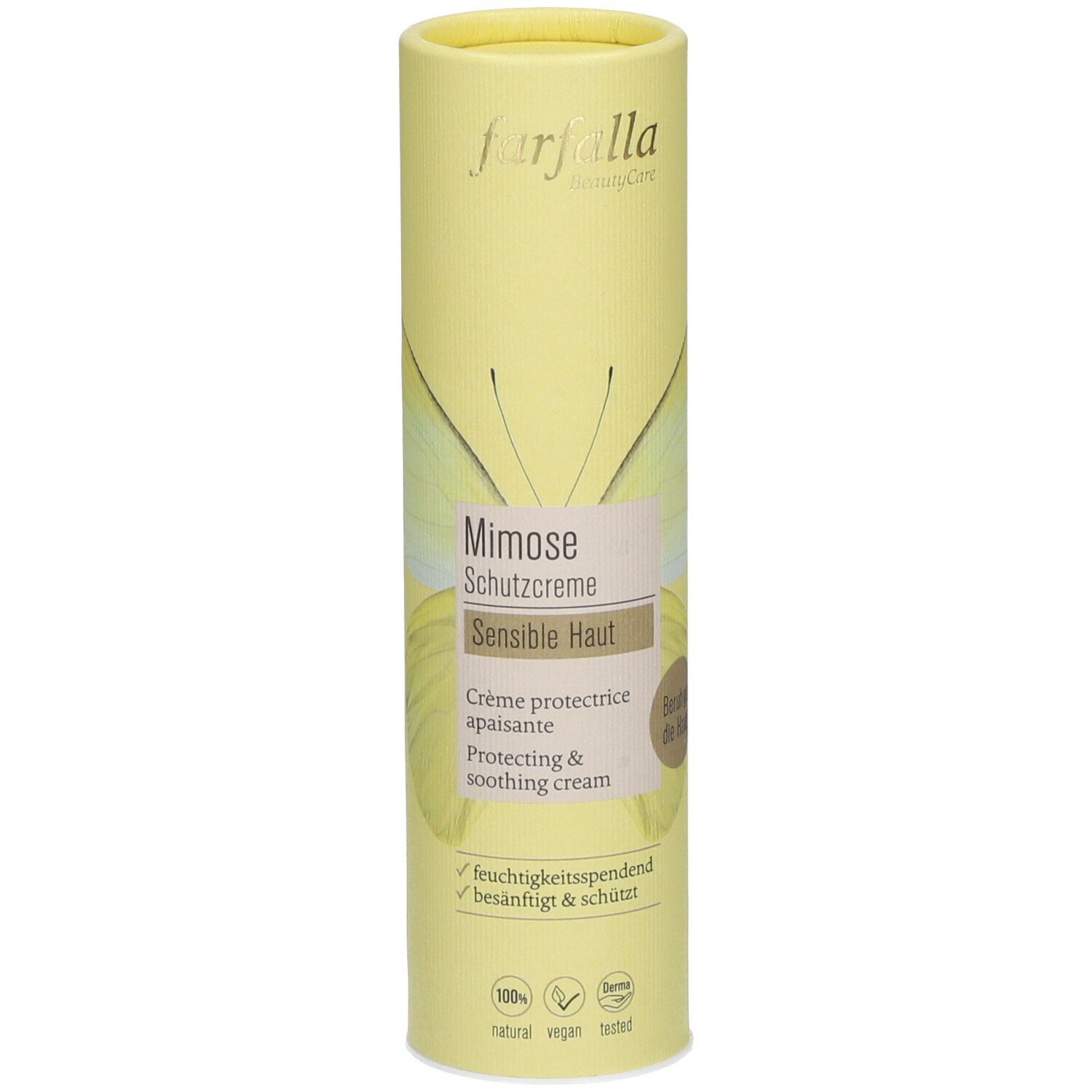 Emballage cylindrique jaune. Inscription: Mimose Schutzcreme, Sensible Haut. Logos: vegan, natural, Derma.