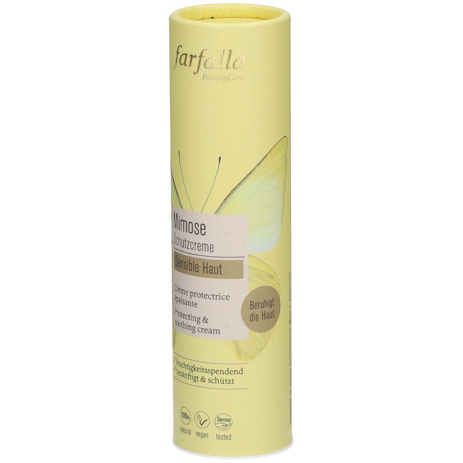Emballage cylindrique jaune. Inscription: Mimose Schutzcreme, Sensible Haut. Texte: Apaise la peau. Logos.